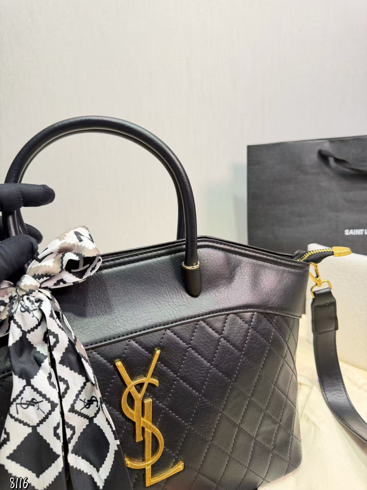 YSL チェック柄カーフスキン ハンドバッグ【50％割引+送料無料】