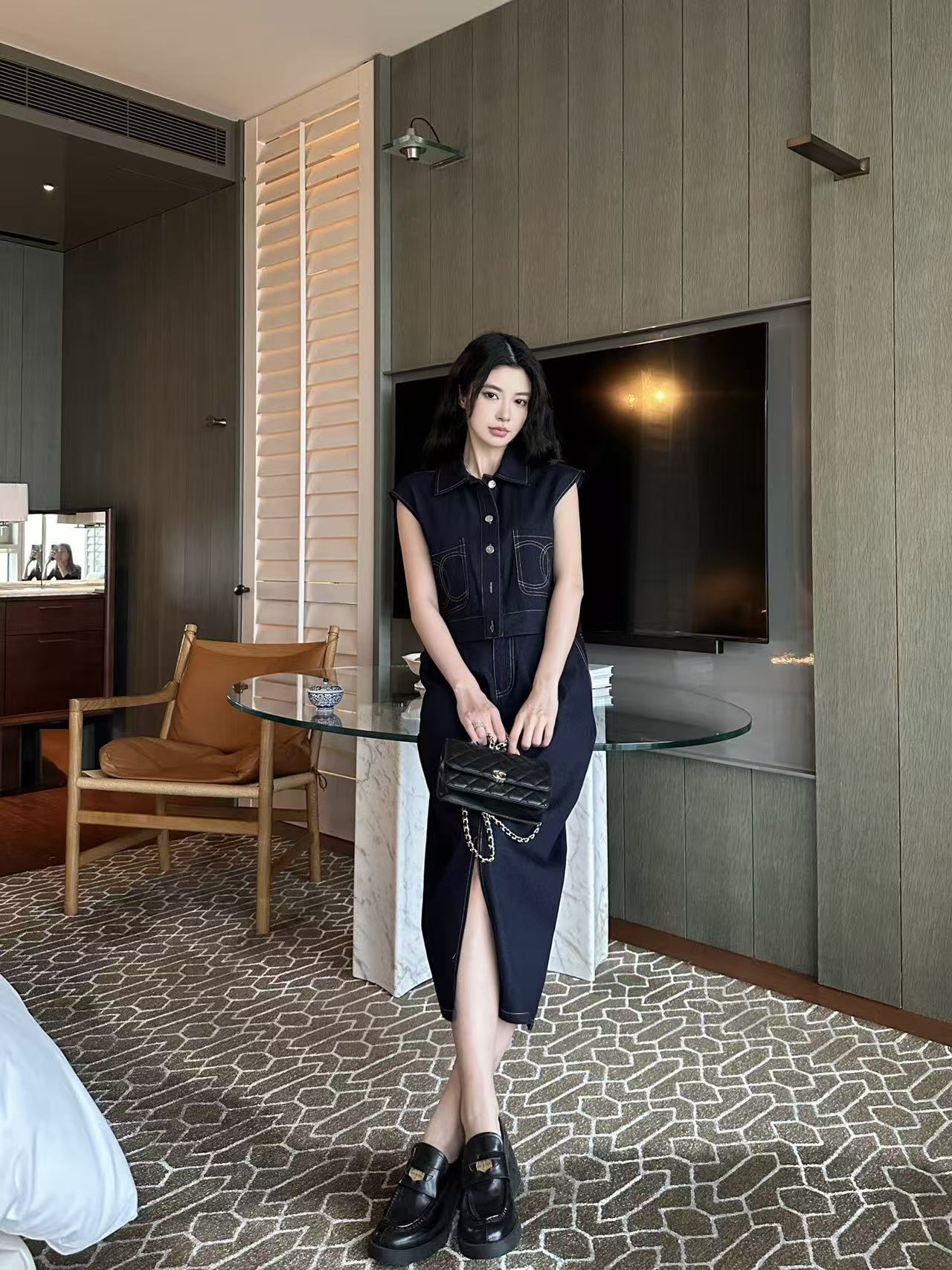 CHANE1 ダブルC デニムベスト＋スカート ツーピースセット【50％割引+送料無料】