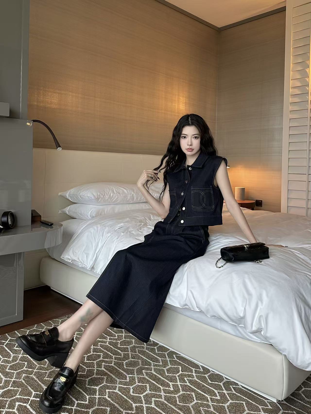 CHANE1 ダブルC デニムベスト＋スカート ツーピースセット【50％割引+送料無料】