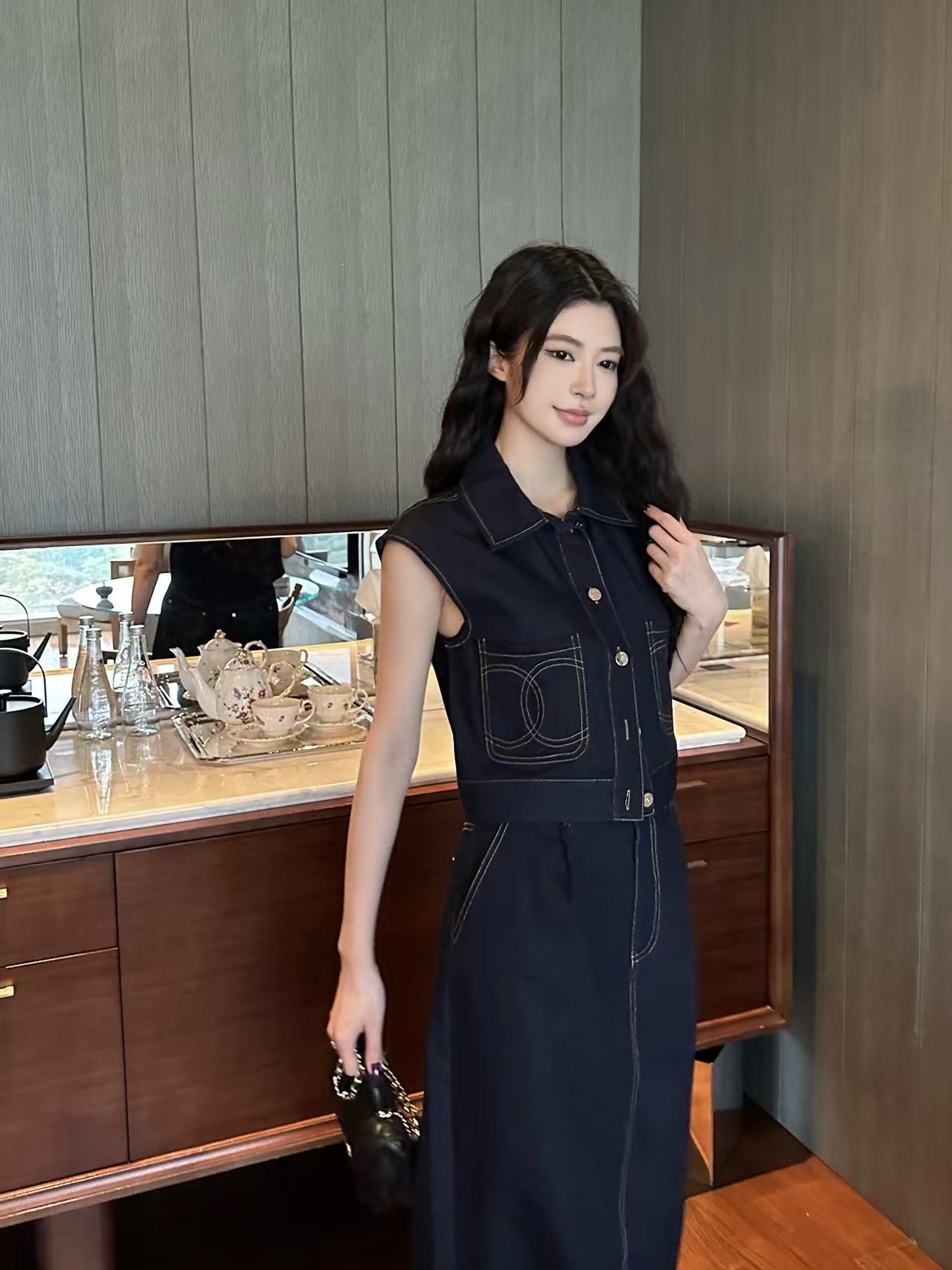 CHANE1 ダブルC デニムベスト＋スカート ツーピースセット【50％割引+送料無料】