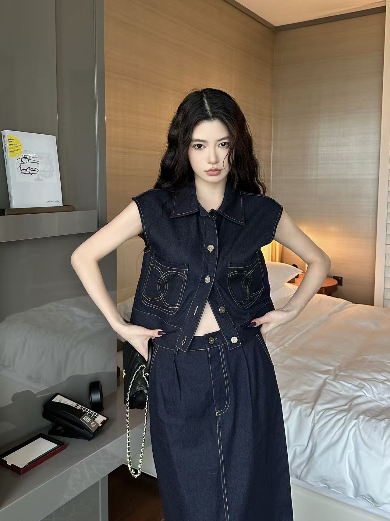 CHANE1 ダブルC デニムベスト＋スカート ツーピースセット【50％割引+送料無料】