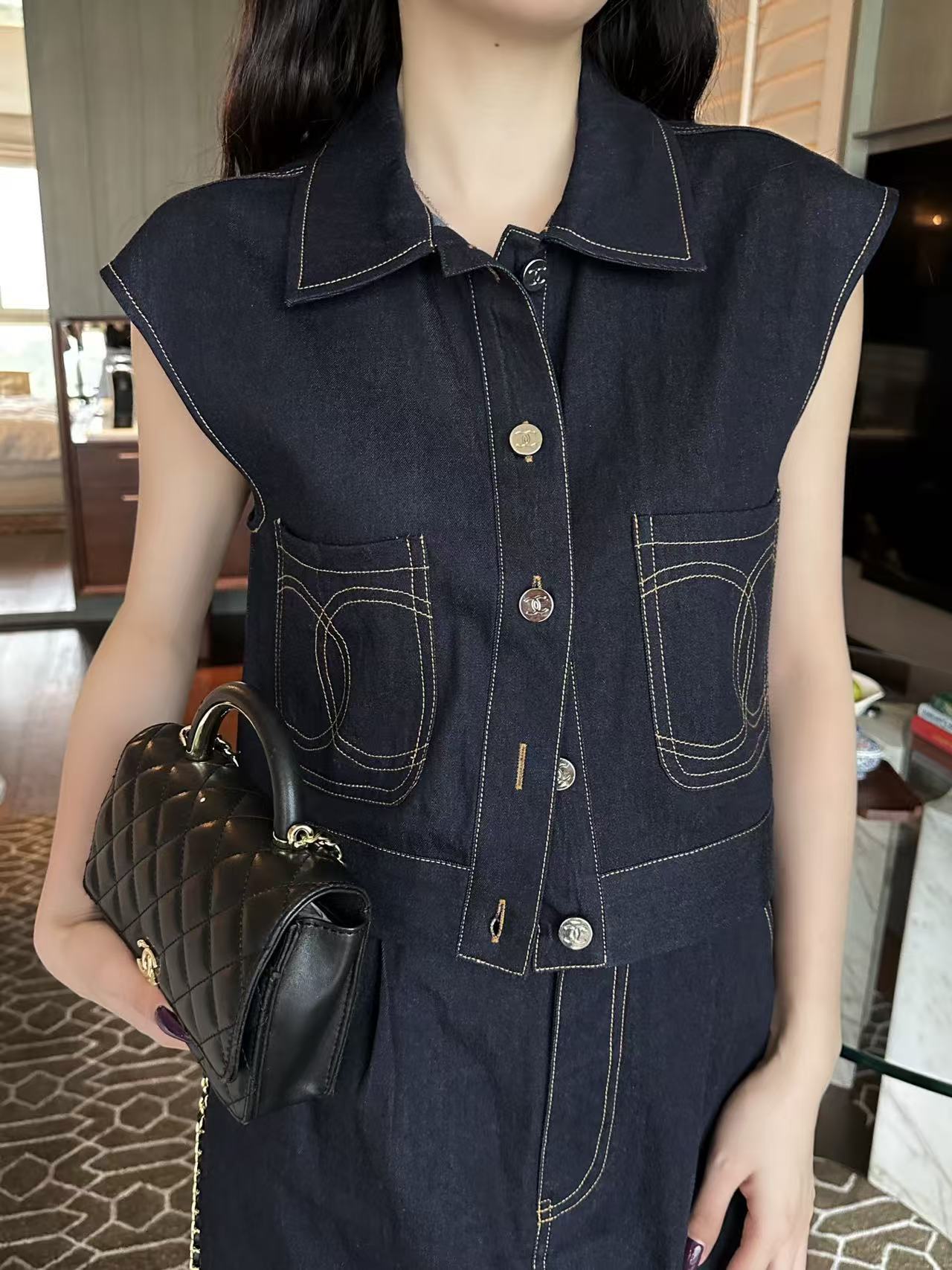 CHANE1 ダブルC デニムベスト＋スカート ツーピースセット【50％割引+送料無料】