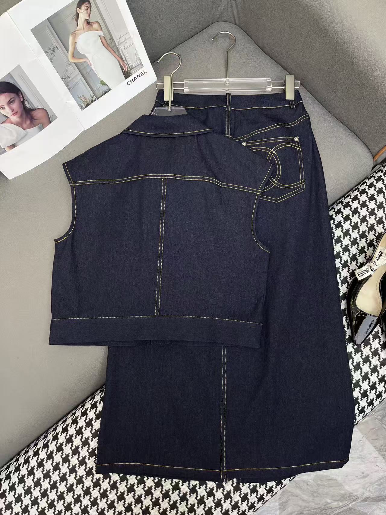 CHANE1 ダブルC デニムベスト＋スカート ツーピースセット【50％割引+送料無料】