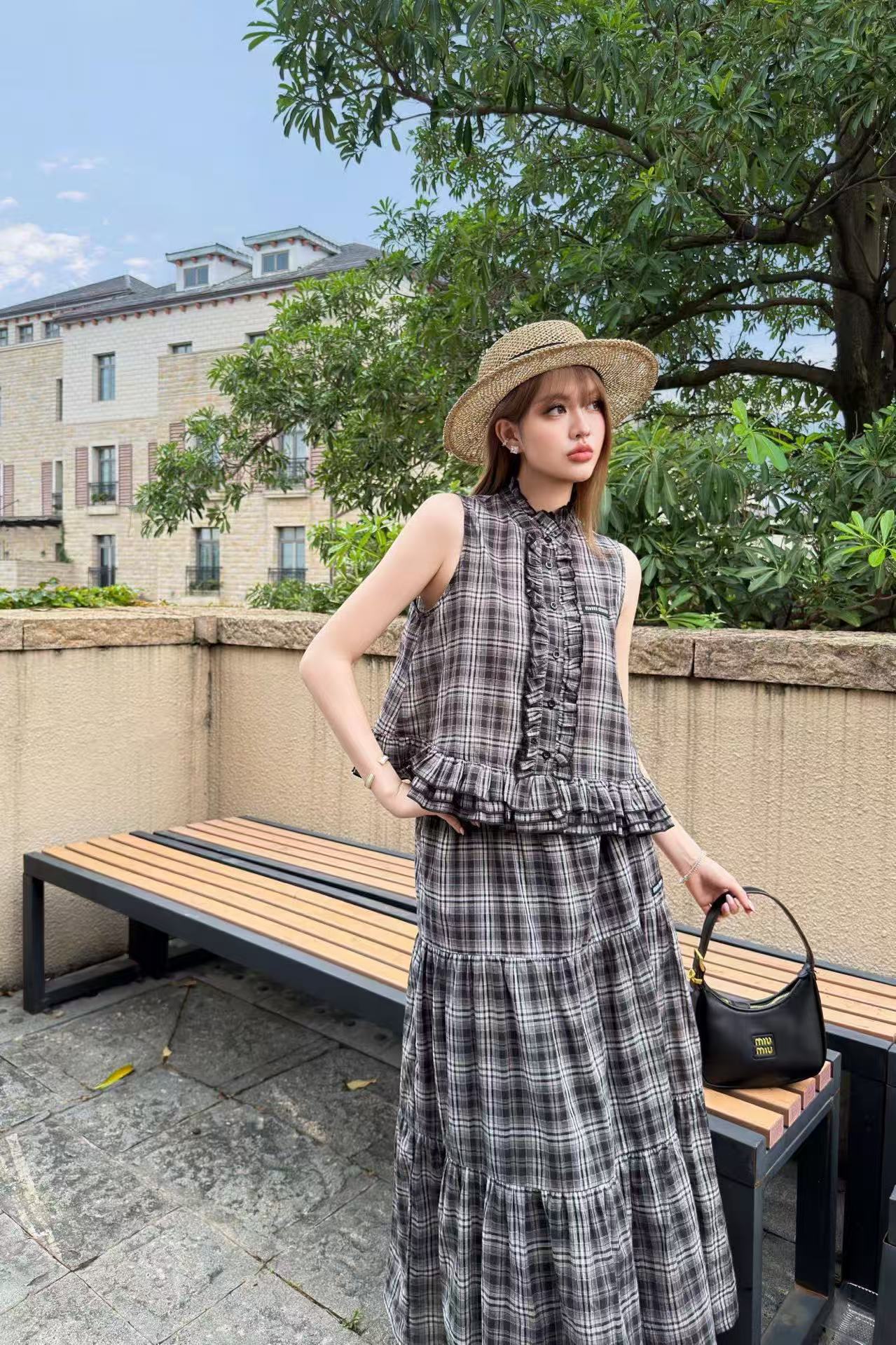 M1UM1U 高品質チェック柄ベスト＆スカート 2点セット【50％割引+送料無料】