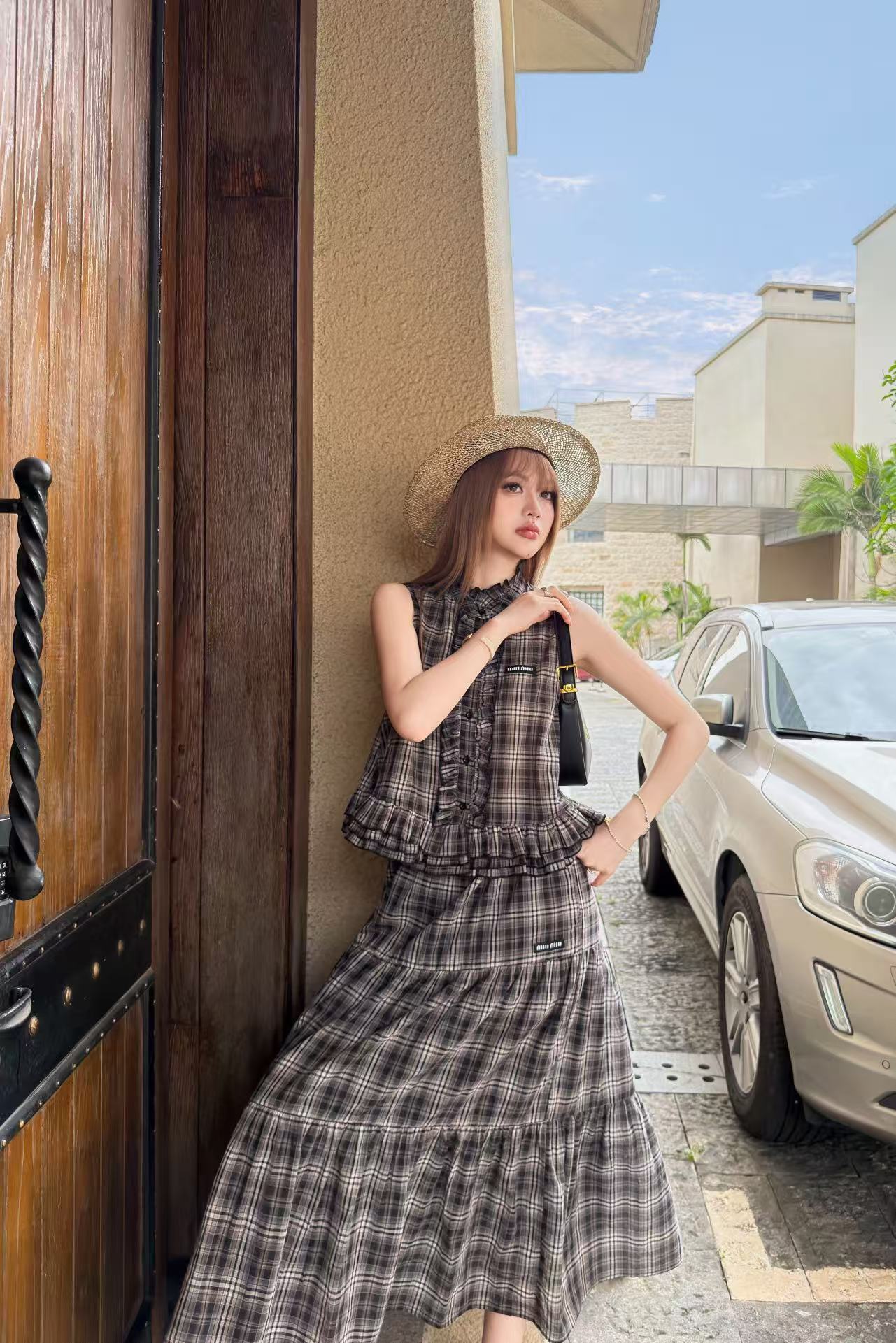 M1UM1U 高品質チェック柄ベスト＆スカート 2点セット【50％割引+送料無料】