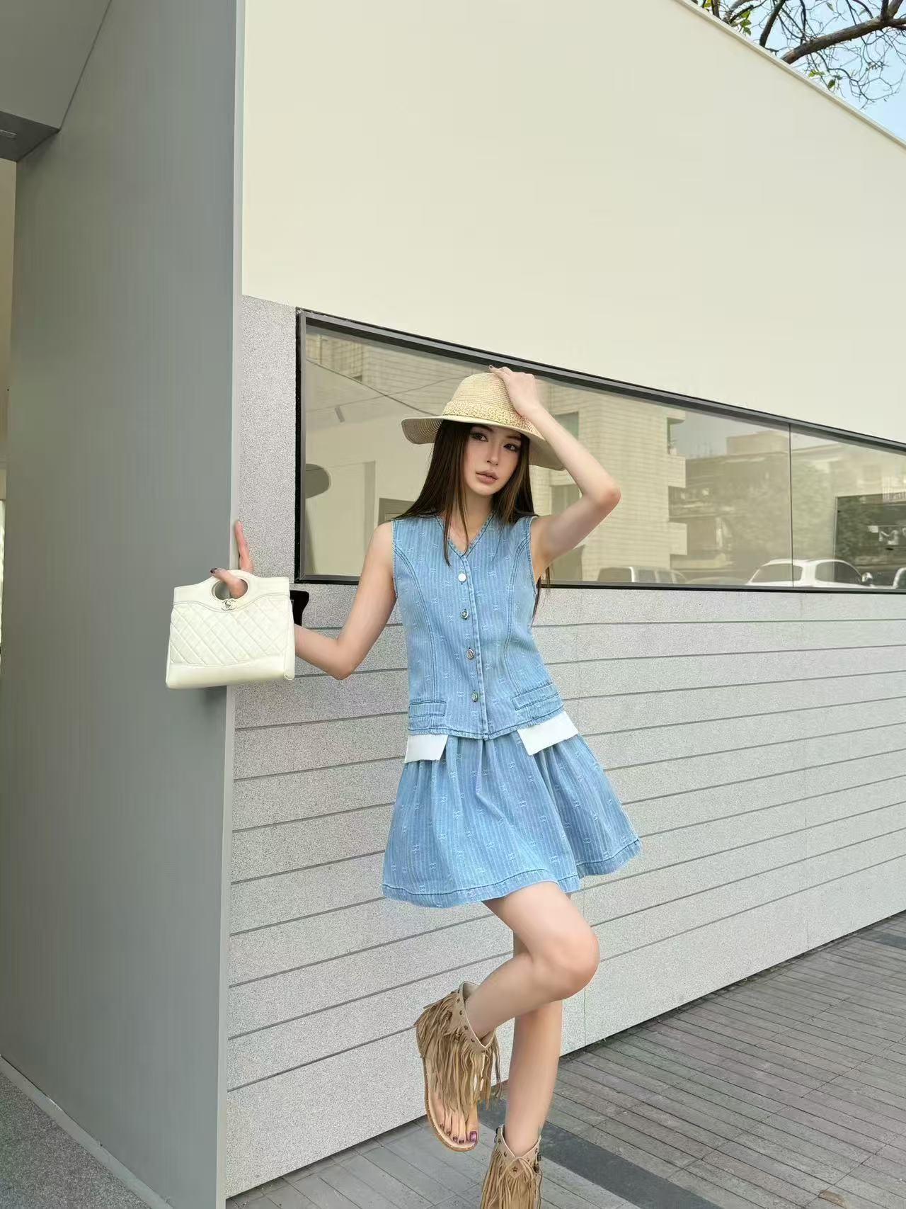 CHANE1 デニムベスト＋スカート ツーピースセット【50％割引+送料無料】