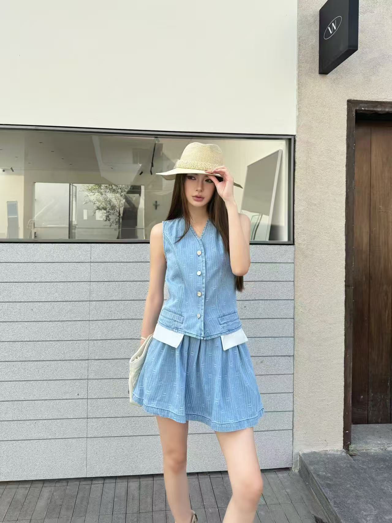 CHANE1 デニムベスト＋スカート ツーピースセット【50％割引+送料無料】