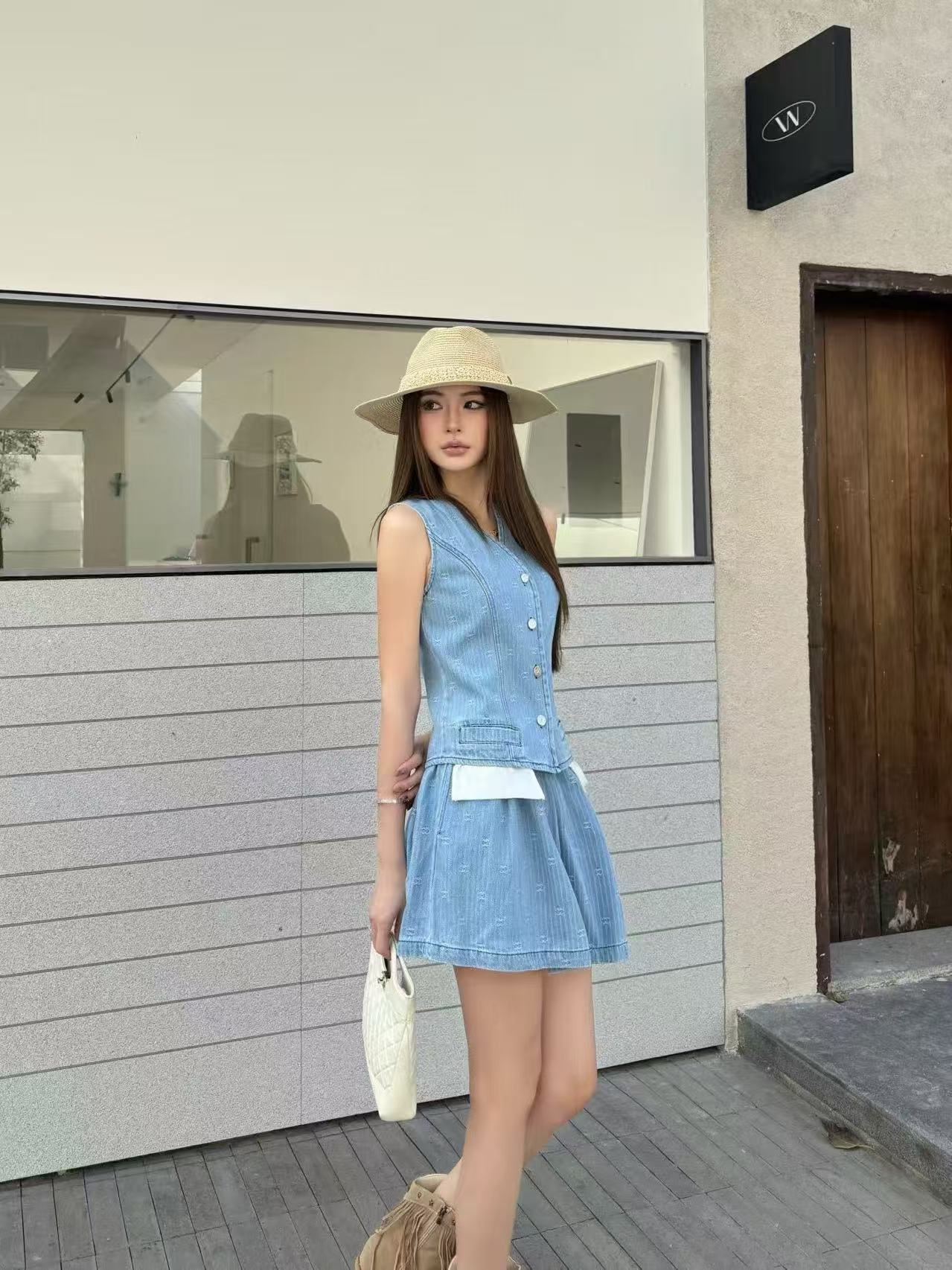 CHANE1 デニムベスト＋スカート ツーピースセット【50％割引+送料無料】