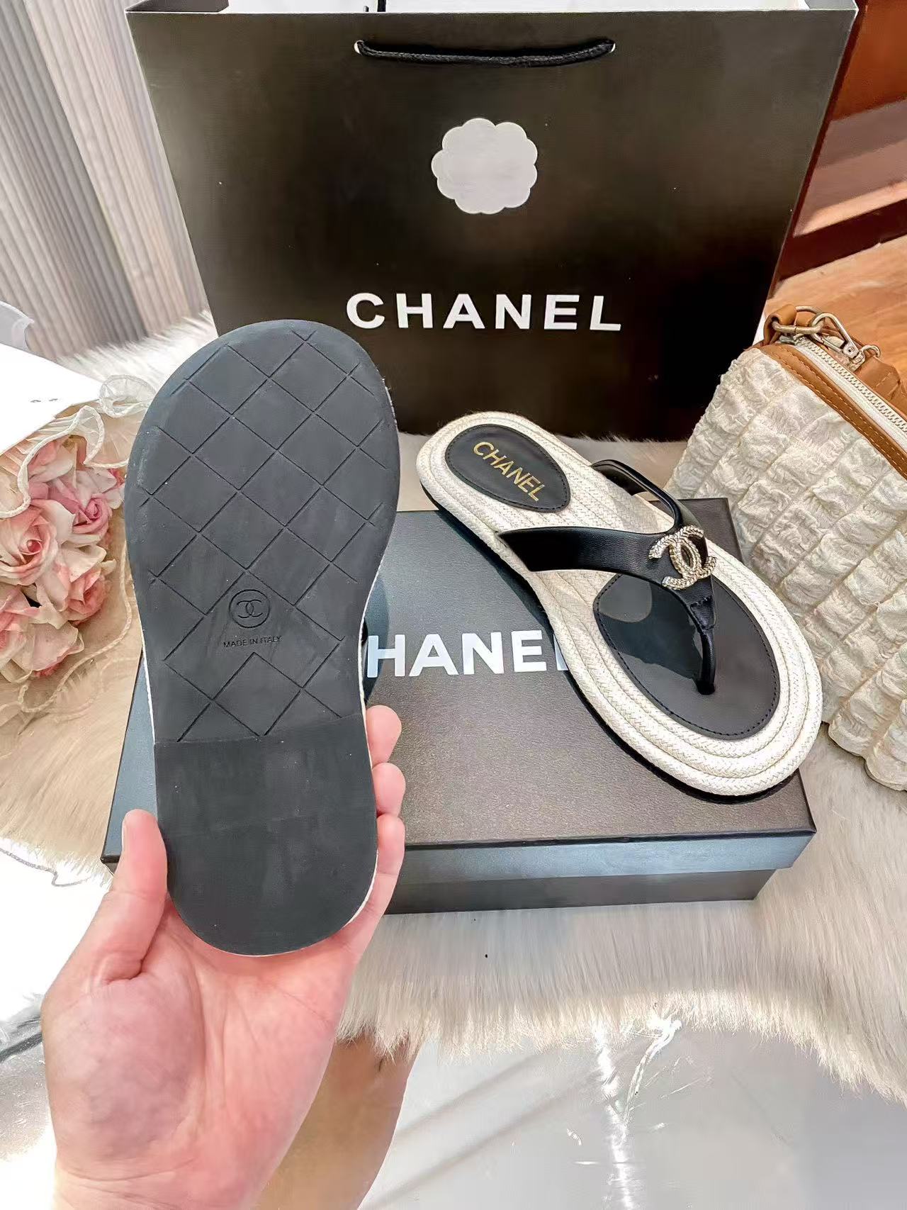 CHANE1 ダブルCカラーブロックフラットスリッパ【50％割引+送料無料】