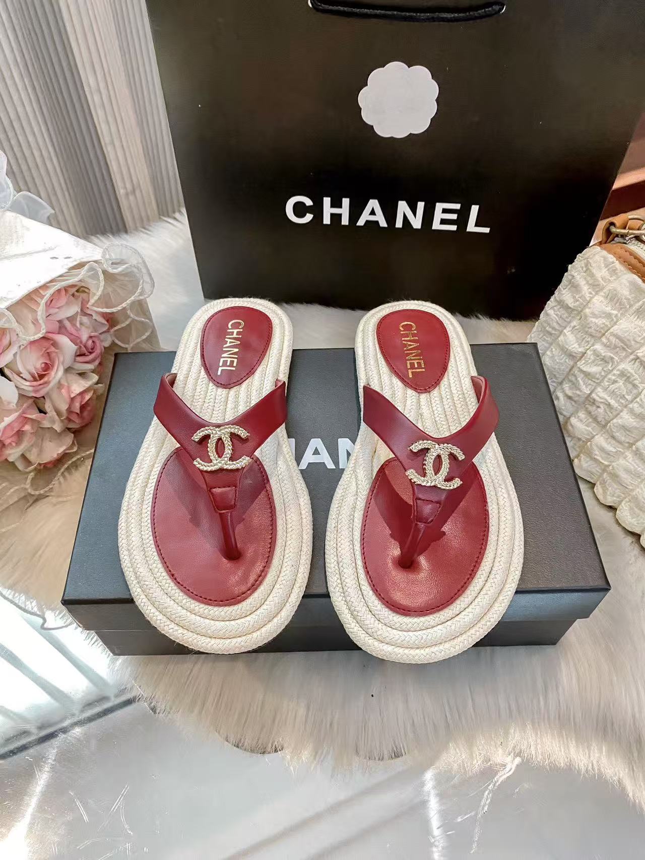 CHANE1 ダブルCカラーブロックフラットスリッパ【50％割引+送料無料】