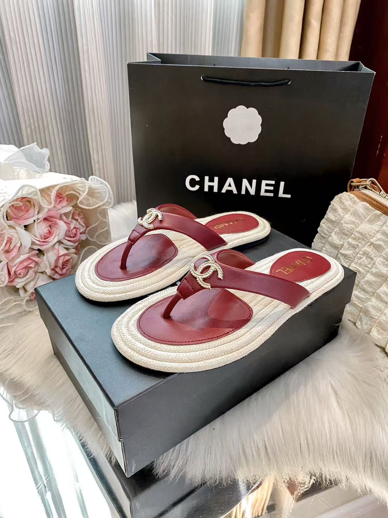 CHANE1 ダブルCカラーブロックフラットスリッパ【50％割引+送料無料】