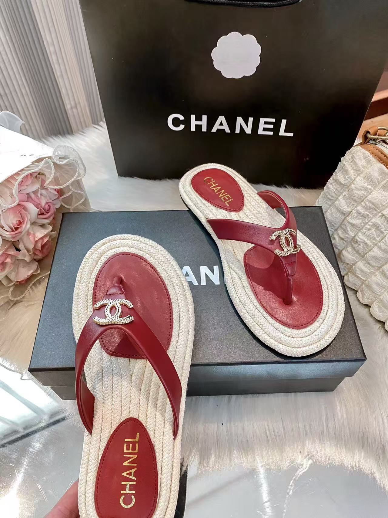 CHANE1 ダブルCカラーブロックフラットスリッパ【50％割引+送料無料】