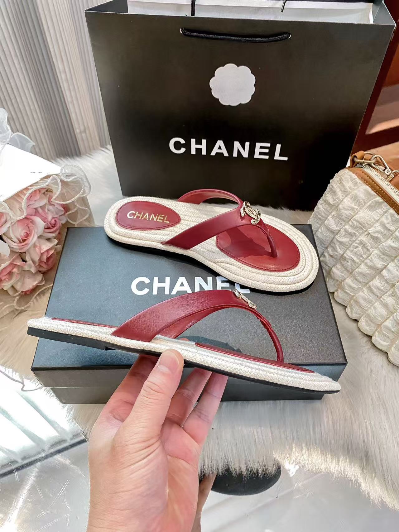 CHANE1 ダブルCカラーブロックフラットスリッパ【50％割引+送料無料】