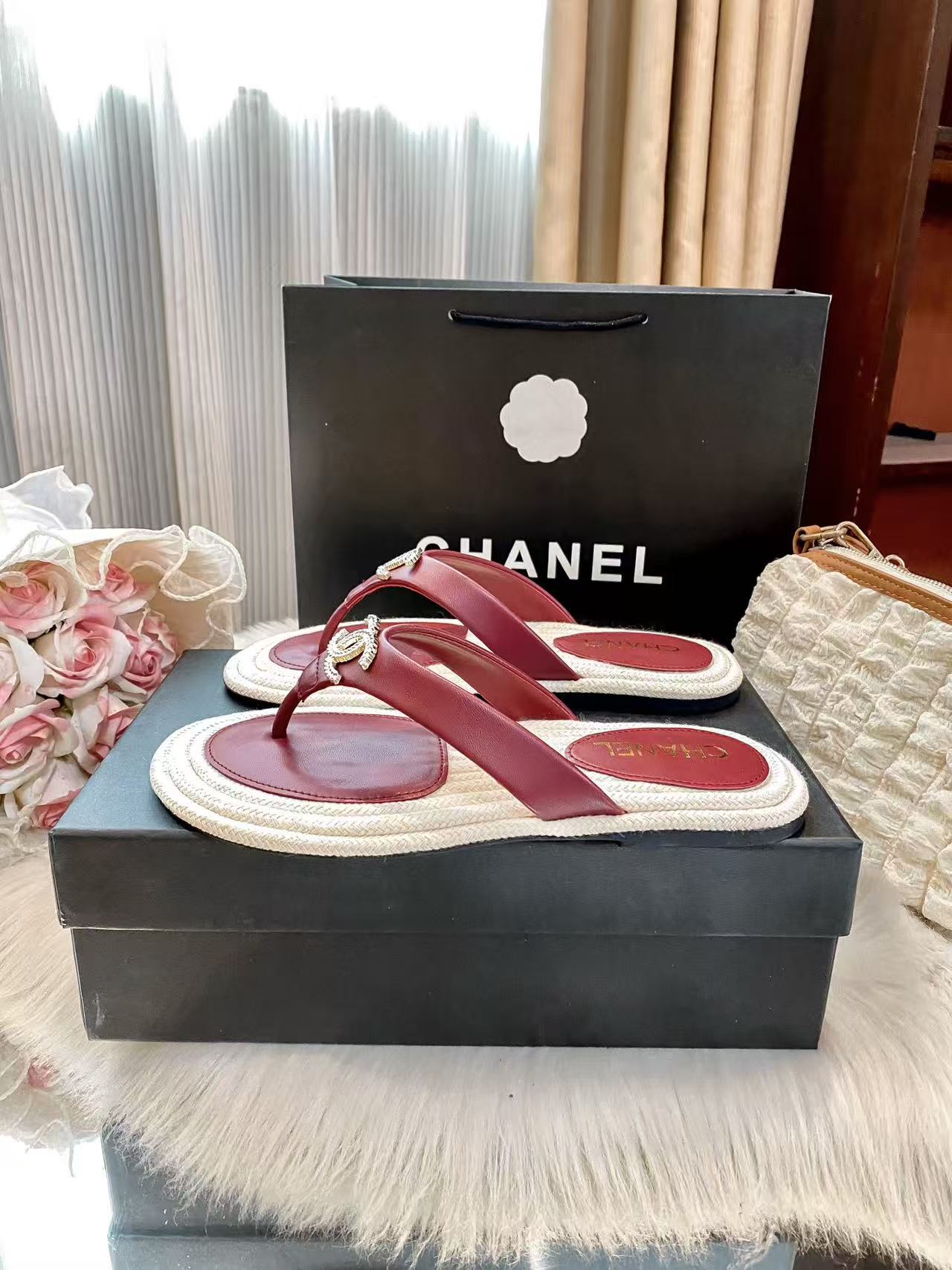 CHANE1 ダブルCカラーブロックフラットスリッパ【50％割引+送料無料】