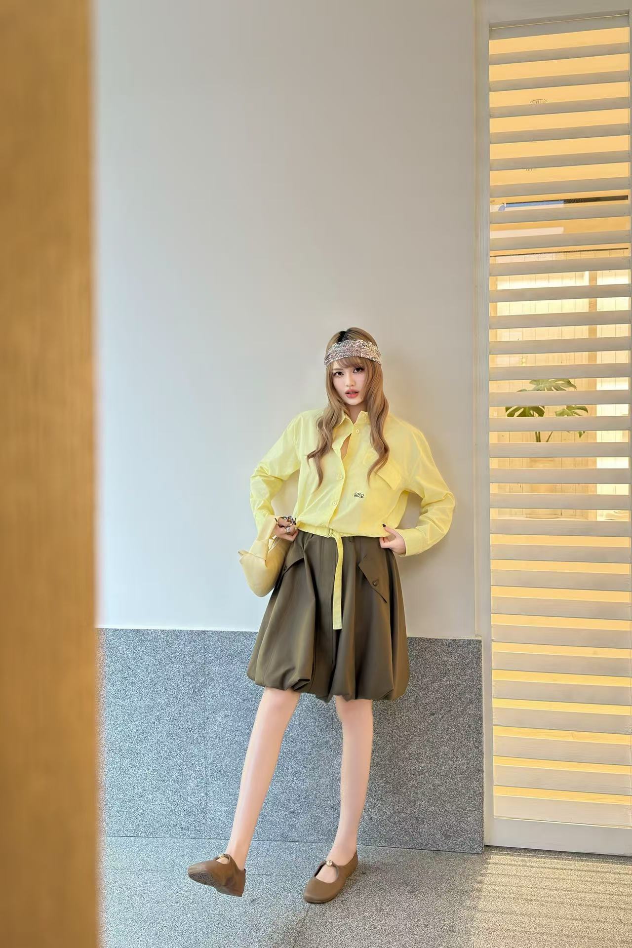L0WEW ウエストゴム入りシャツ＋スカート ツーピースセット【50％割引+送料無料】