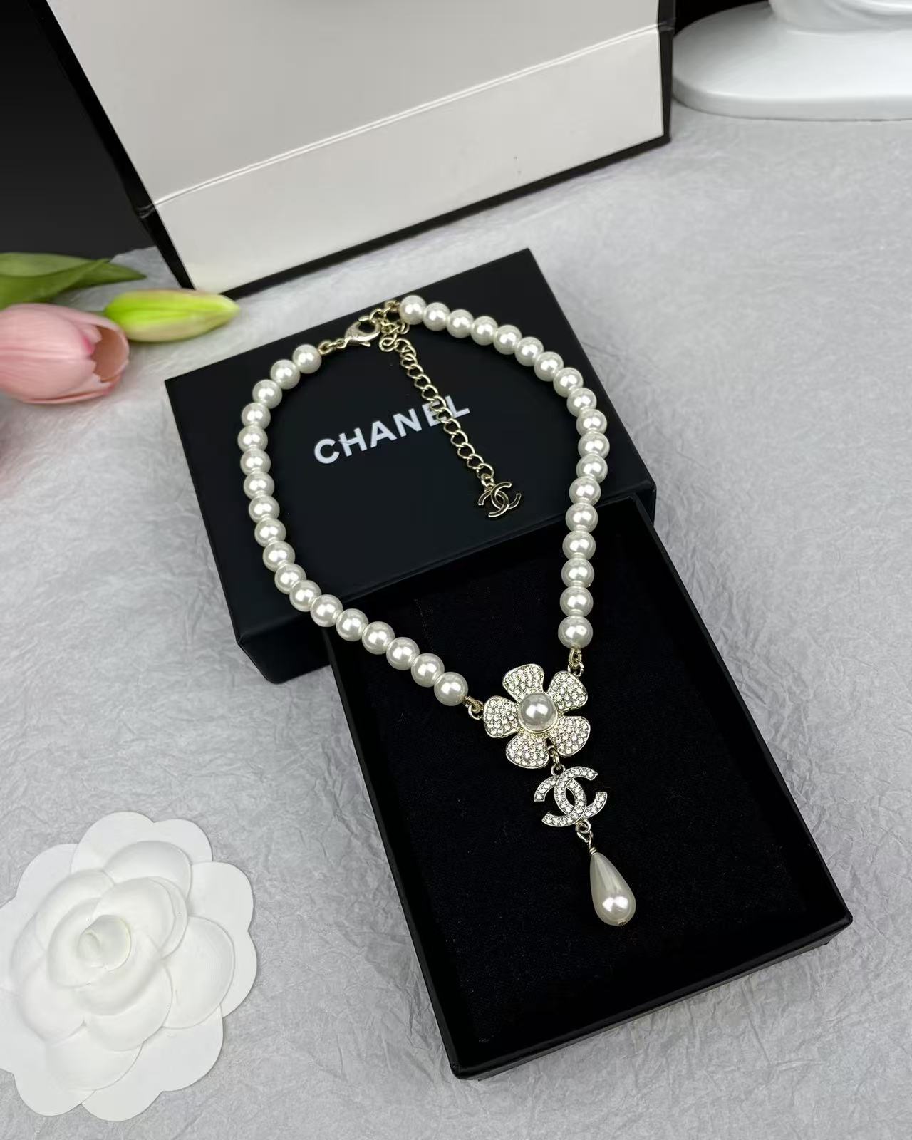 CHANE1 フラワーダブルCパールダイヤモンドネックレス【50％割引+送料無料】