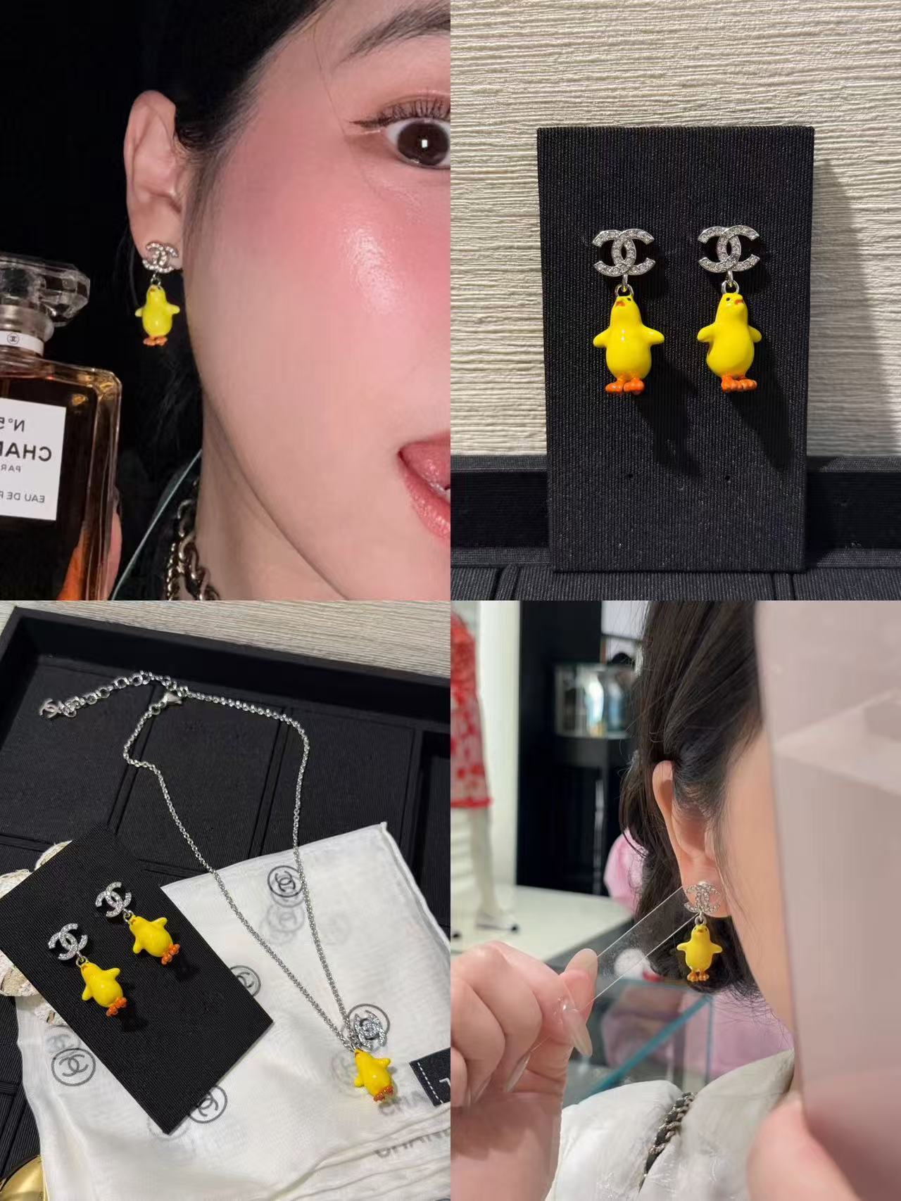 CHANE1 小さな黄色いアヒルのイヤリング＋ネックレス 2点セット【50％割引+送料無料】