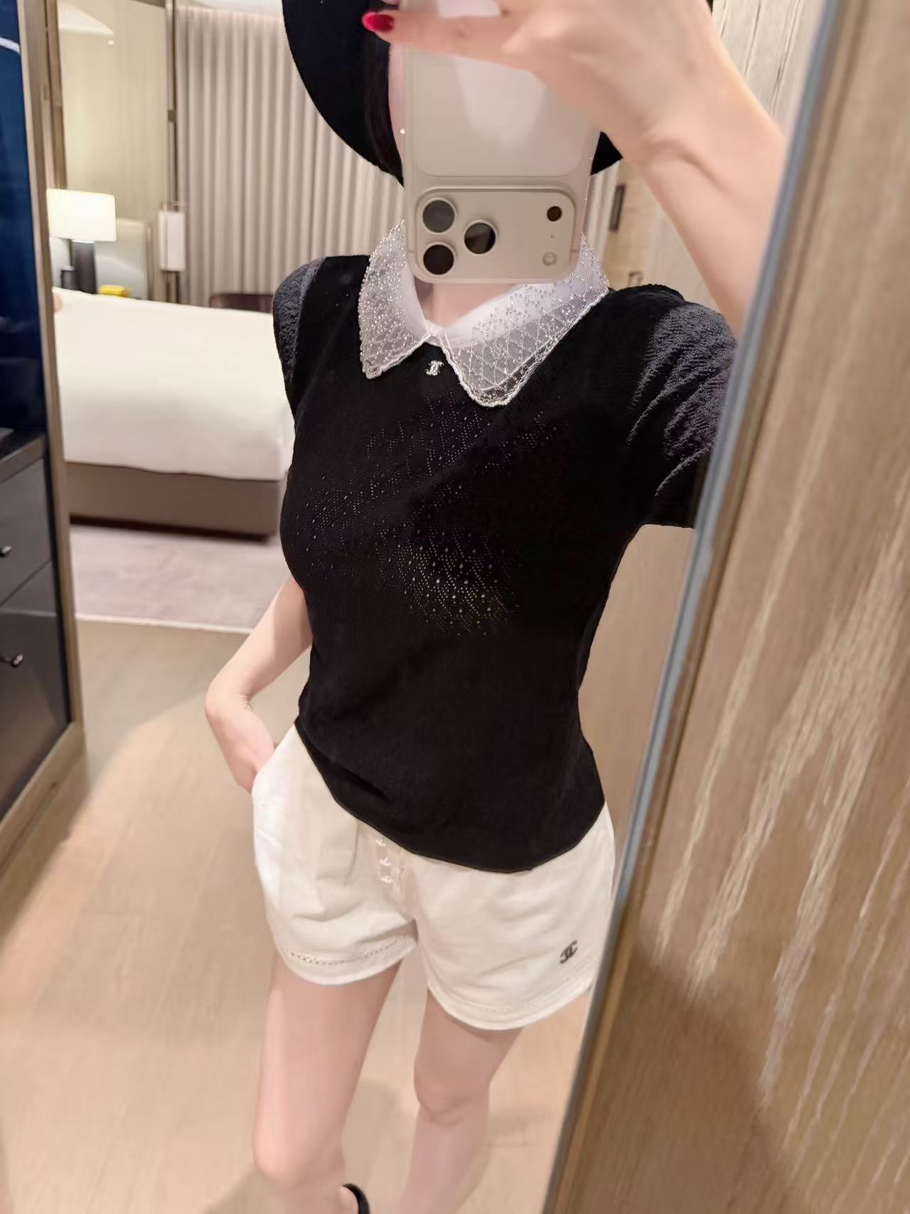 CHANE1 ダブルC レースカラーTシャツ【50％割引+送料無料】