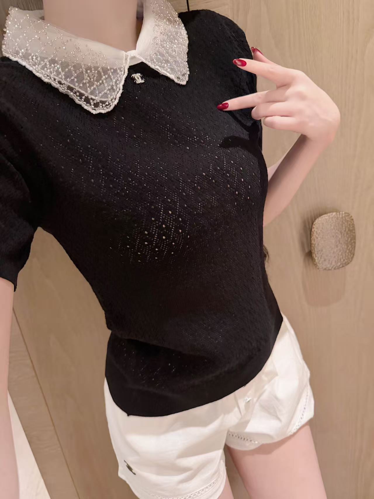 CHANE1 ダブルC レースカラーTシャツ【50％割引+送料無料】
