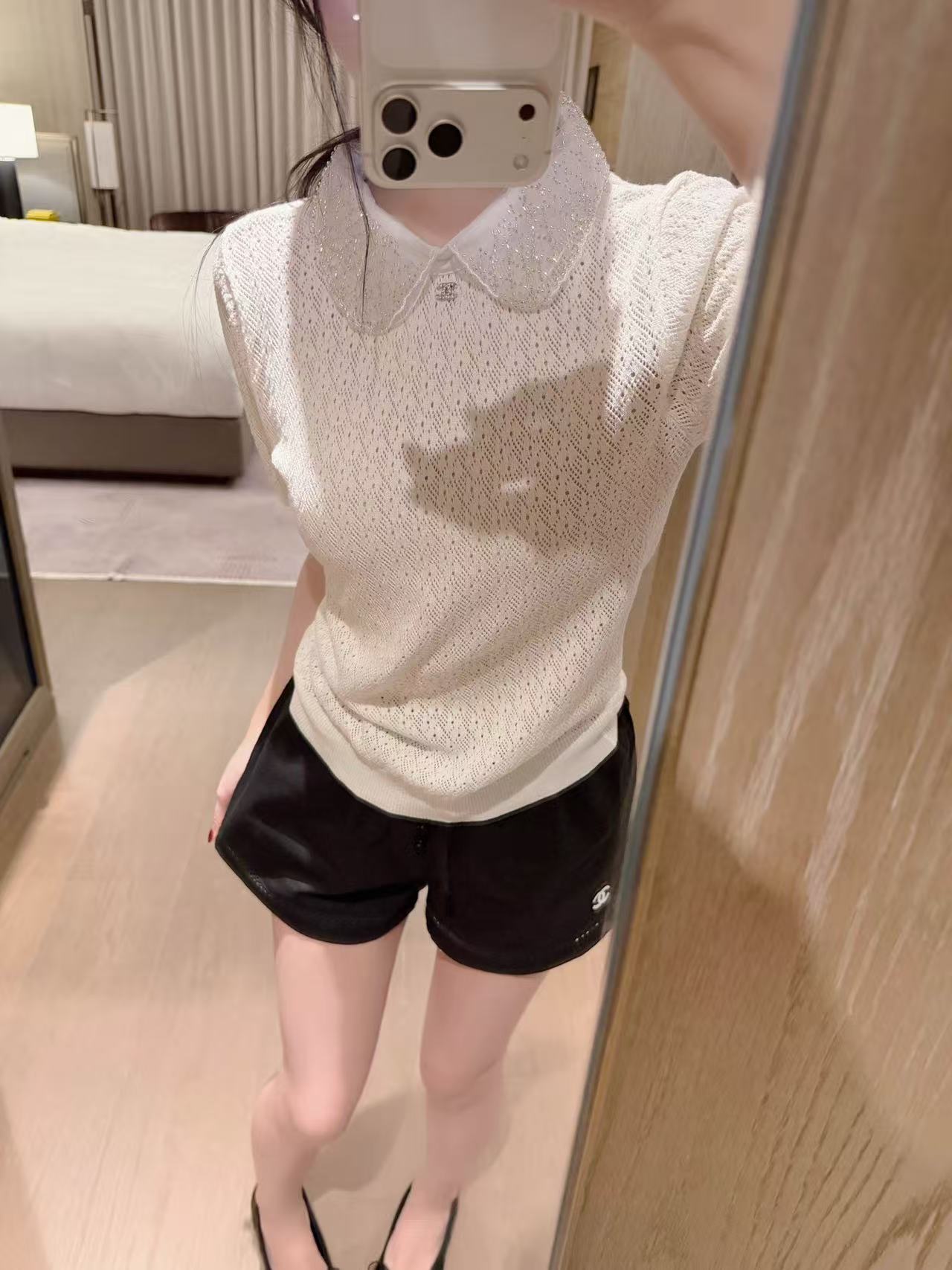 CHANE1 ダブルC レースカラーTシャツ【50％割引+送料無料】