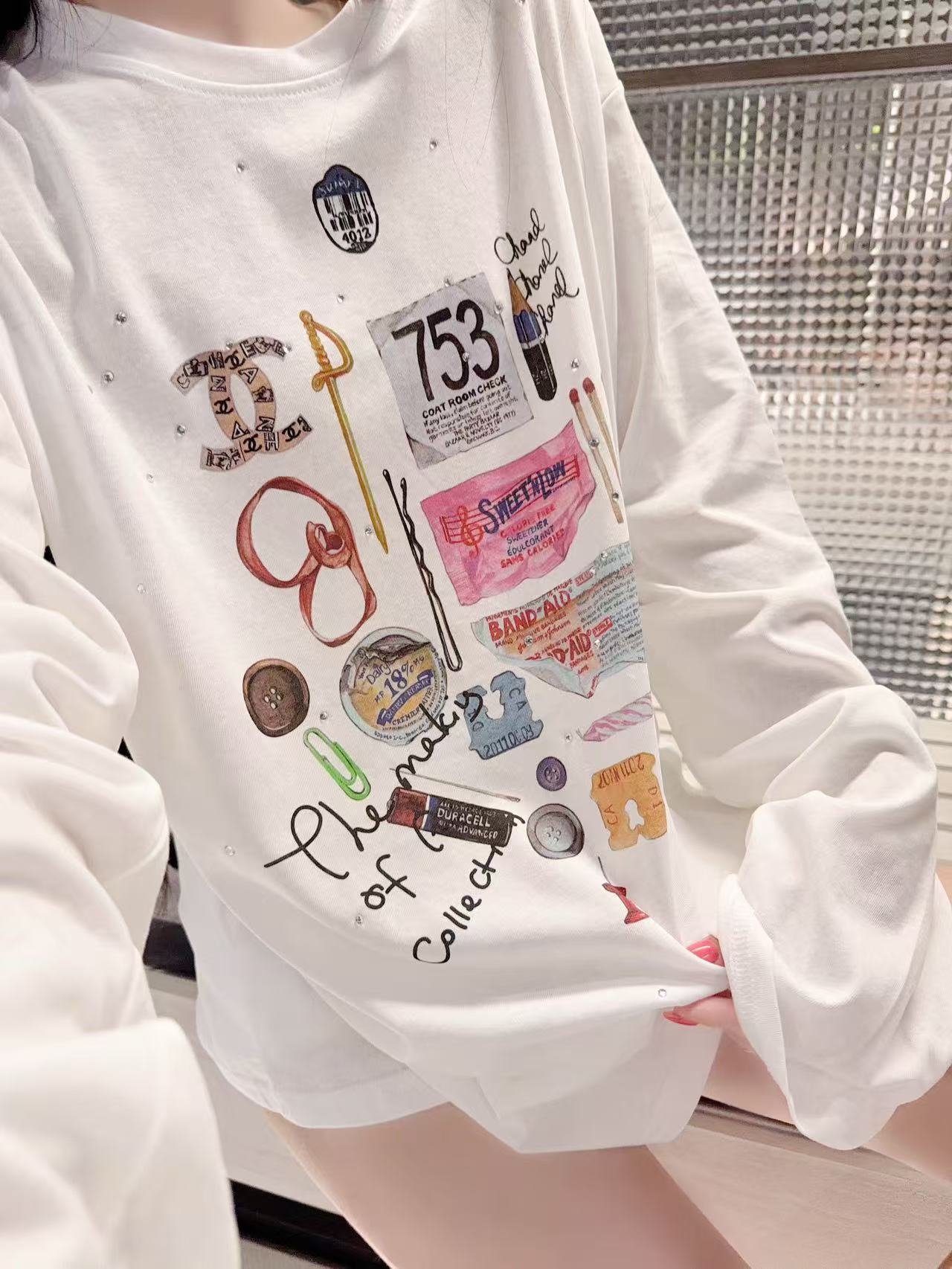 CHANE1 ラインストーン付き音符柄日焼け止め長袖Tシャツ【50％割引+送料無料】