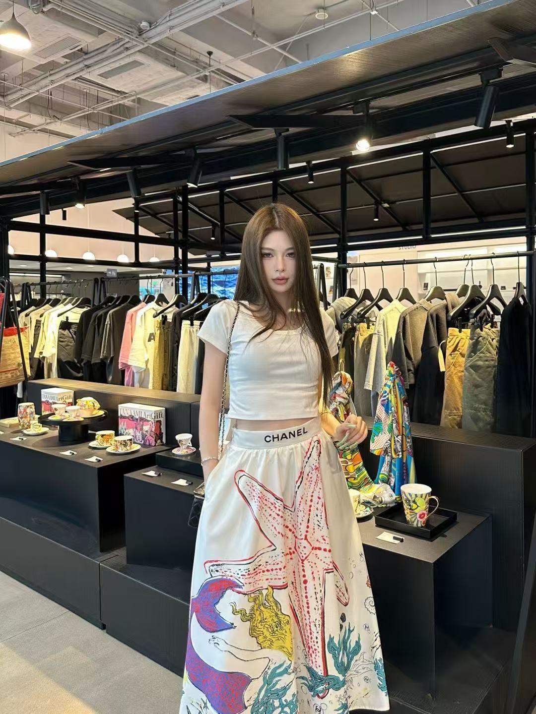 CHANE1 オーシャンプリントミディスカート【50％割引+送料無料】