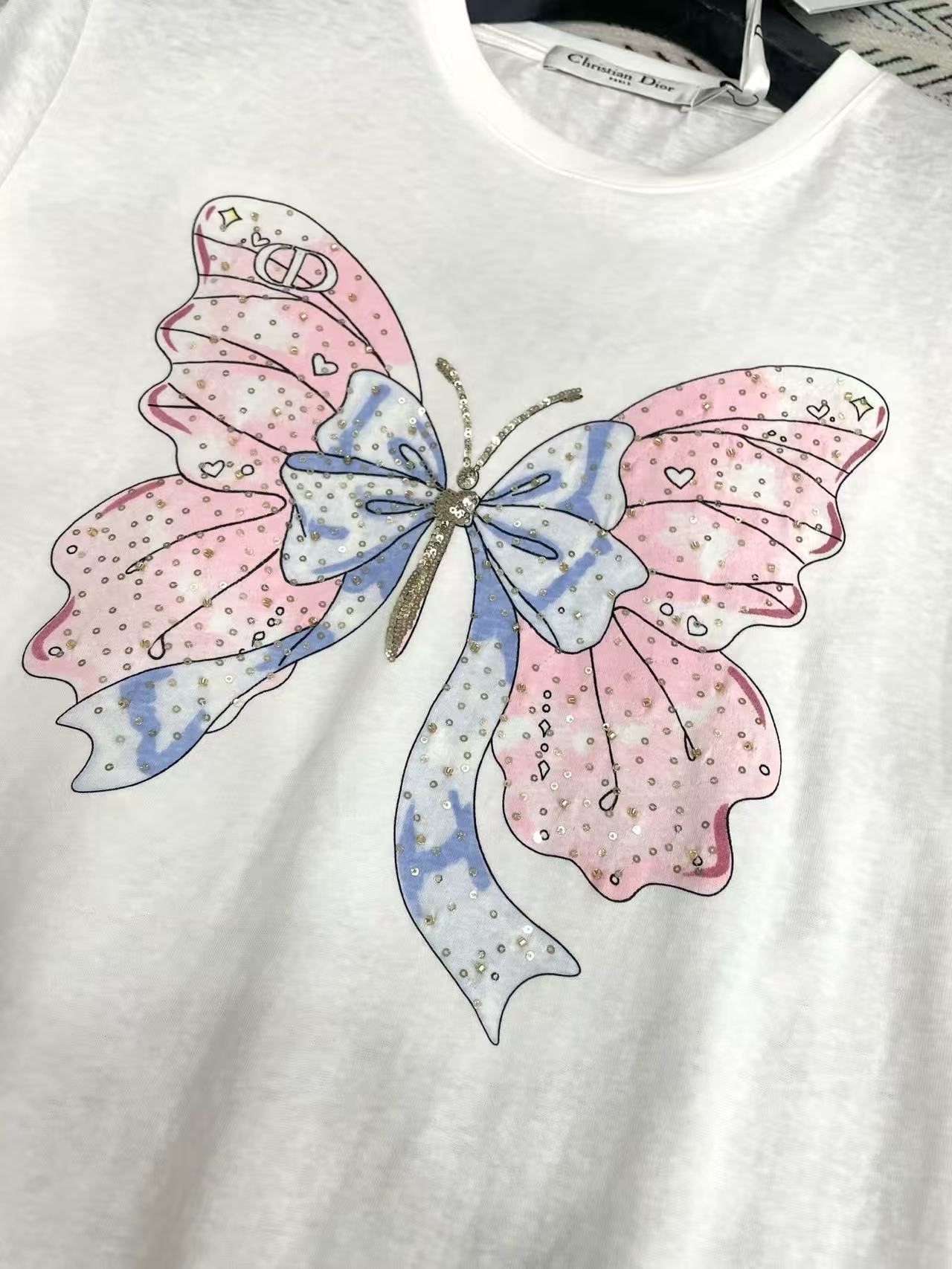 DI0R蝶のビーズ付きTシャツ【50％割引+送料無料】