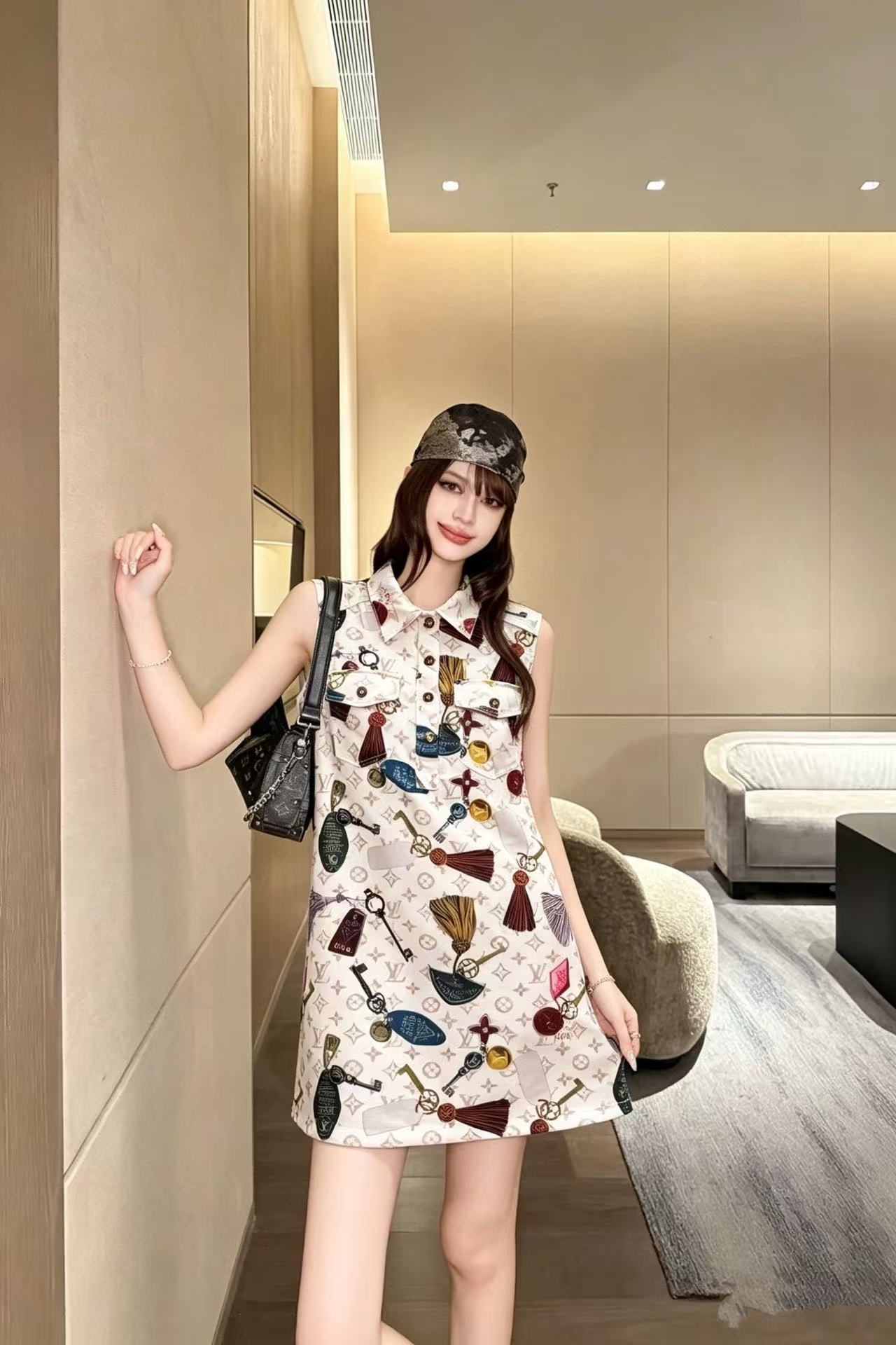 LVプリント ノースリーブ デニムドレス【50％割引+送料無料】