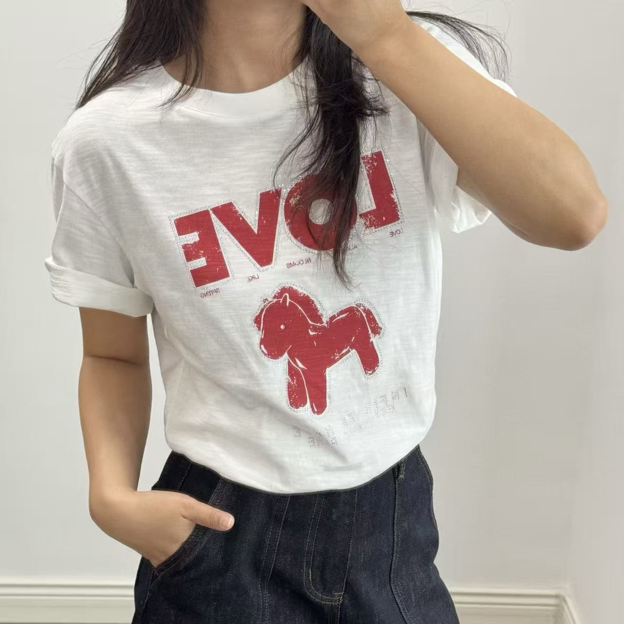 L0WEW ラインストーンレターTシャツ【50％割引+送料無料】