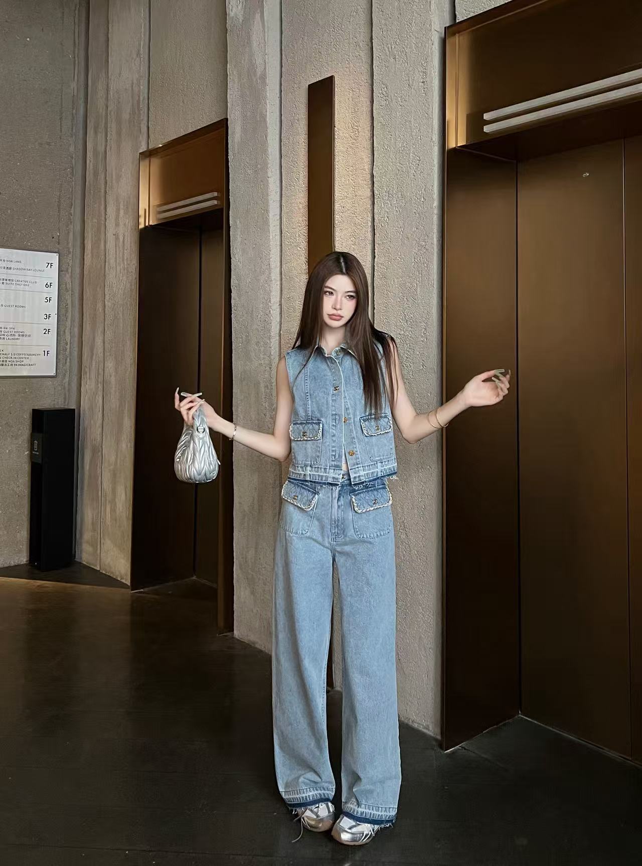 CHANE1 デニムベスト＋パンツ ツーピースセット【50％割引+送料無料】