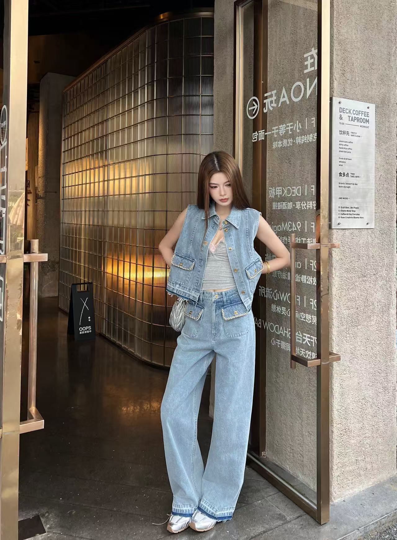 CHANE1 デニムベスト＋パンツ ツーピースセット【50％割引+送料無料】