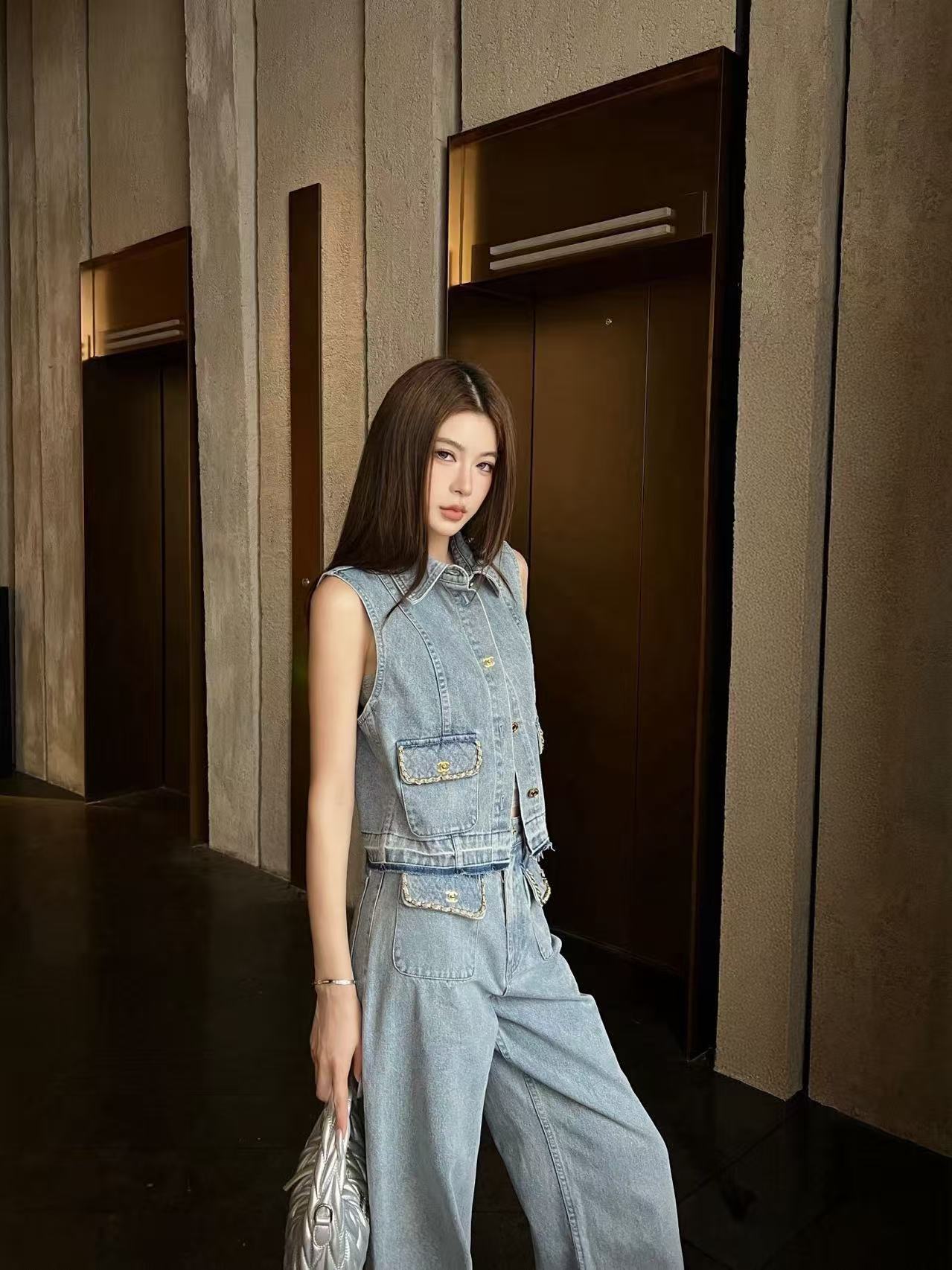 CHANE1 デニムベスト＋パンツ ツーピースセット【50％割引+送料無料】