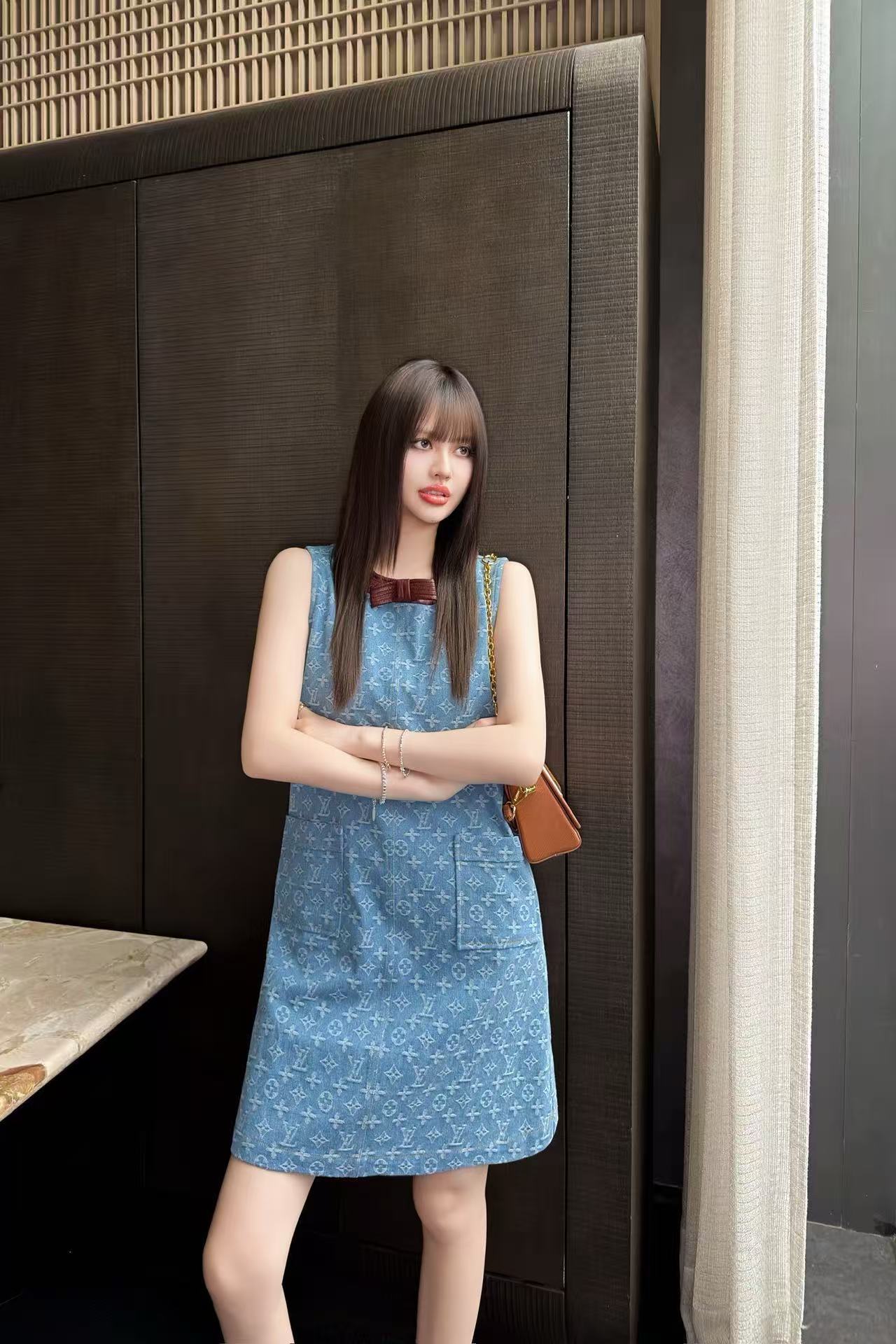 LV カラーブロック・プリント デニムドレス【50％割引+送料無料】
