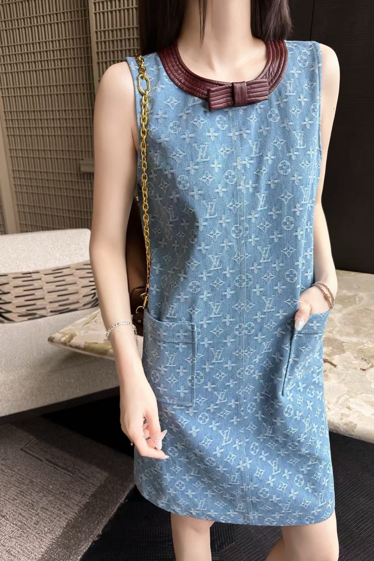 LV カラーブロック・プリント デニムドレス【50％割引+送料無料】