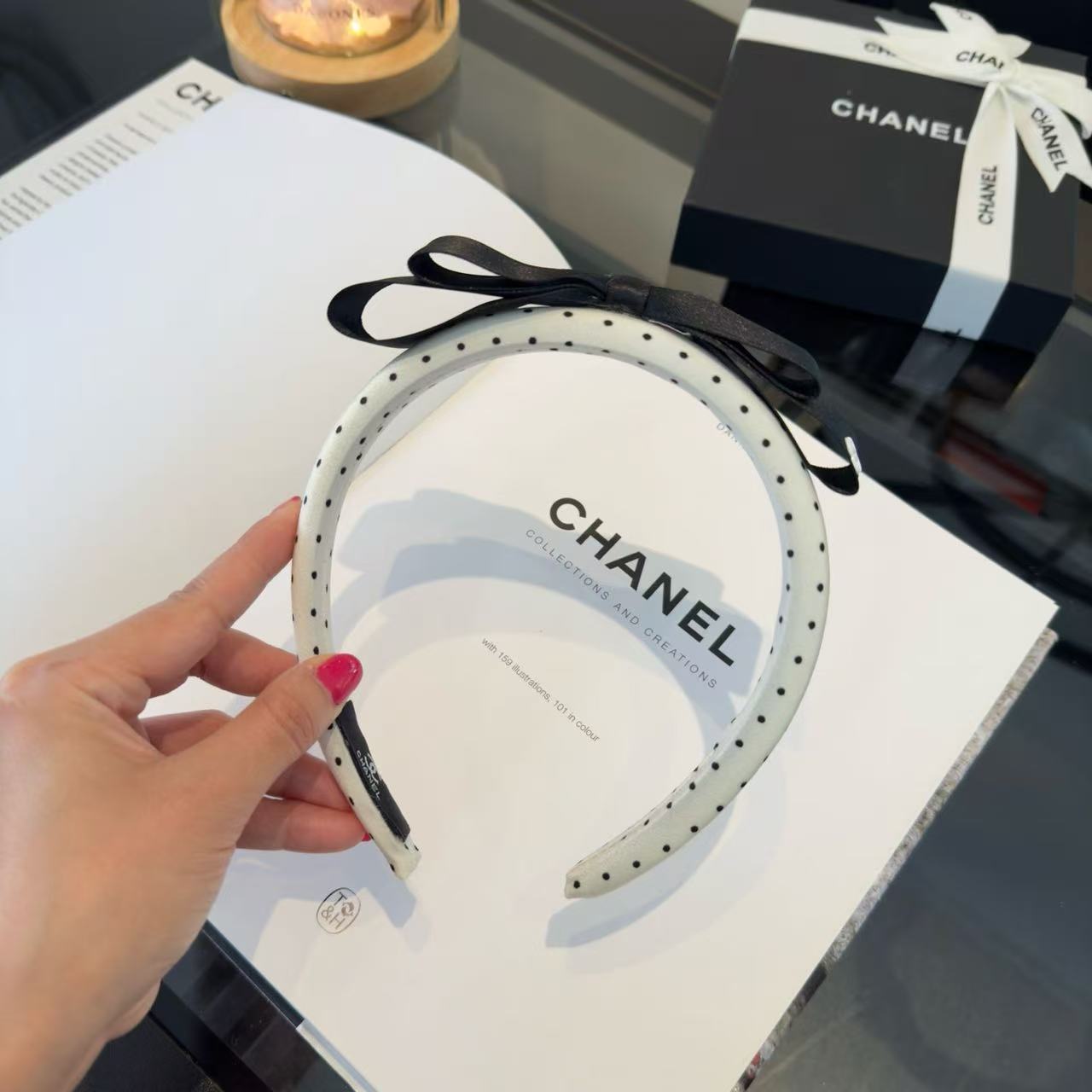 CHANE1 ダブルC ドット柄ヘッドバンド【50％割引+送料無料】