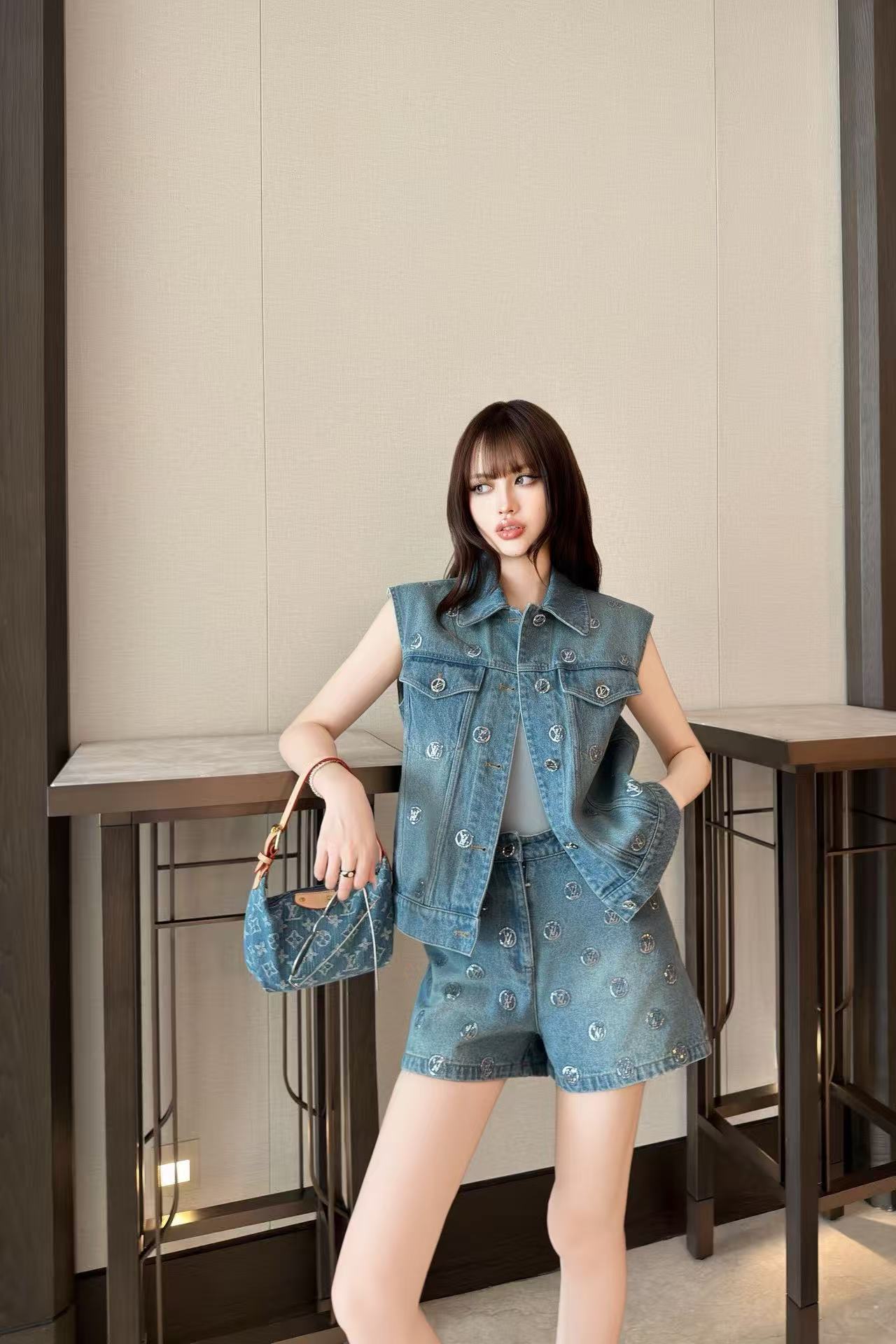 CHANE1 デニムベスト＋ショートパンツ ツーピースセット【50％割引+送料無料】
