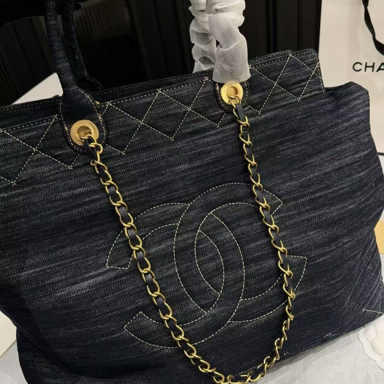 CHANE1 ダブルCチェーン デニムトートバッグ【50％割引+送料無料】