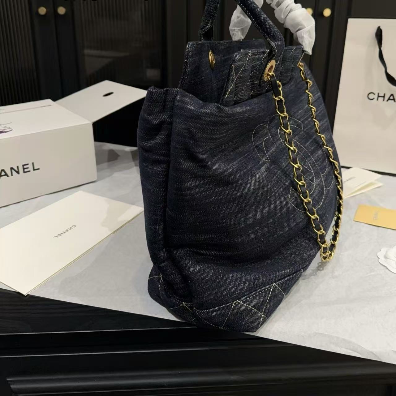 CHANE1 ダブルCチェーン デニムトートバッグ【50％割引+送料無料】