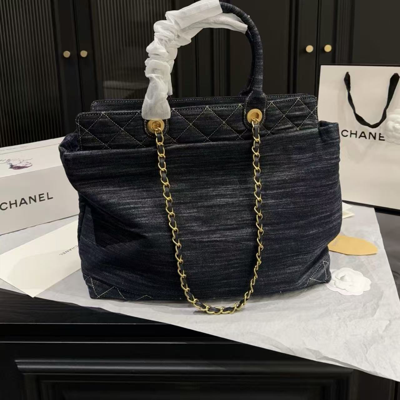 CHANE1 ダブルCチェーン デニムトートバッグ【50％割引+送料無料】