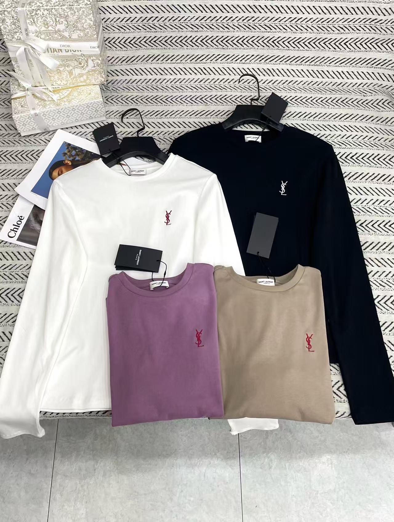YSL刺繍ロゴ入り長袖Tシャツ【50％割引+送料無料】