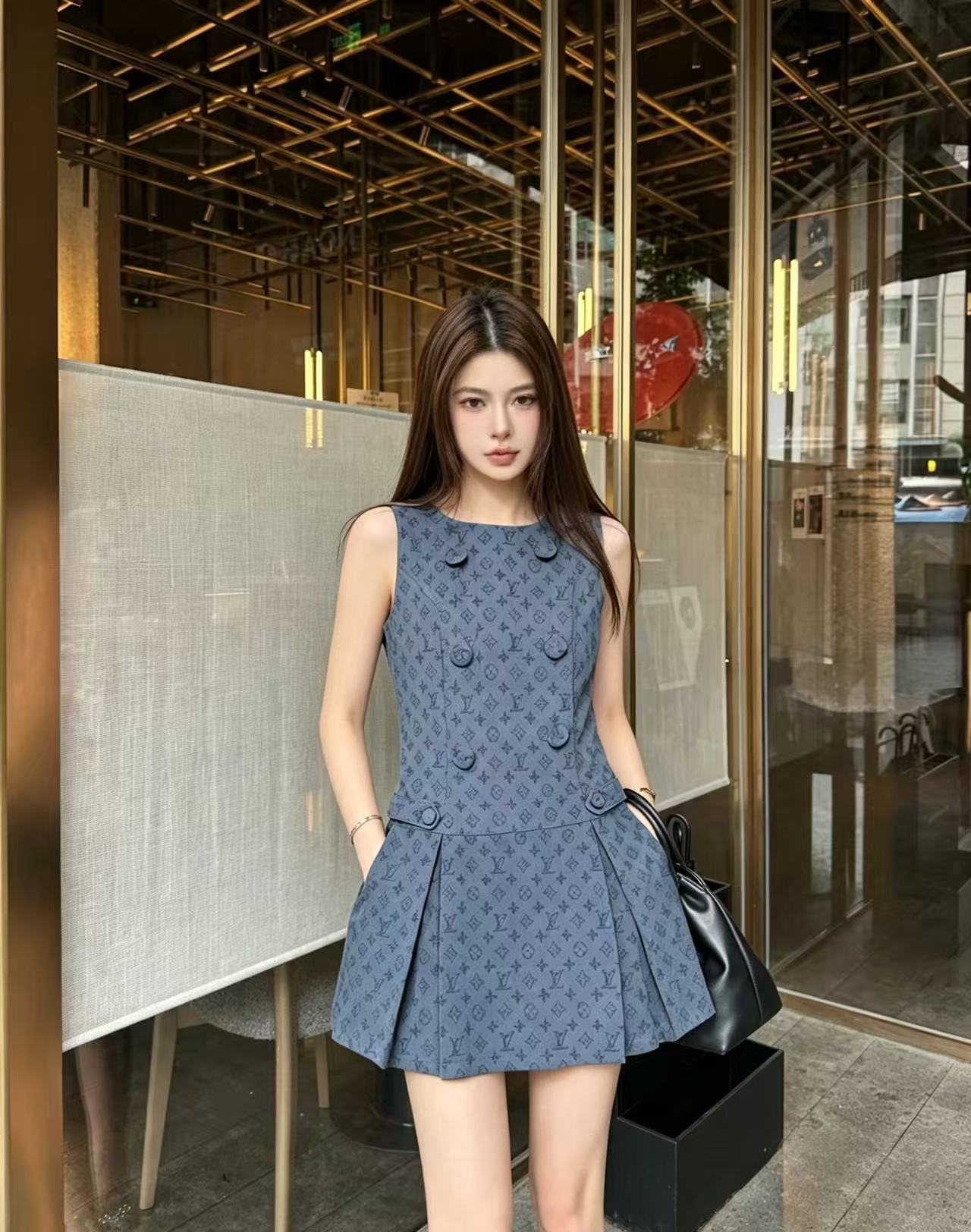 LV ダブルブレスト プリント ノースリーブドレス【50％割引+送料無料】