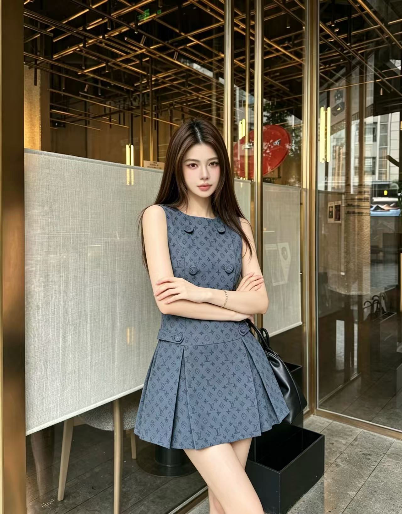 LV ダブルブレスト プリント ノースリーブドレス【50％割引+送料無料】