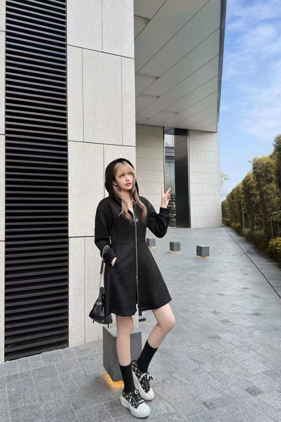 LV フード付き長袖フロントジップドレス【50％割引+送料無料】