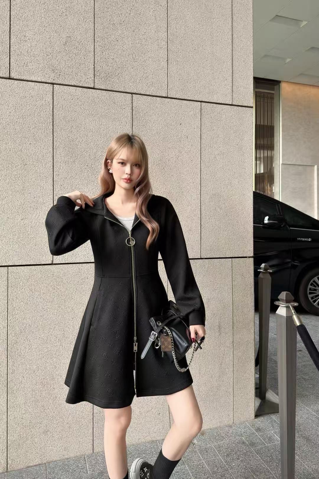 LV フード付き長袖フロントジップドレス【50％割引+送料無料】