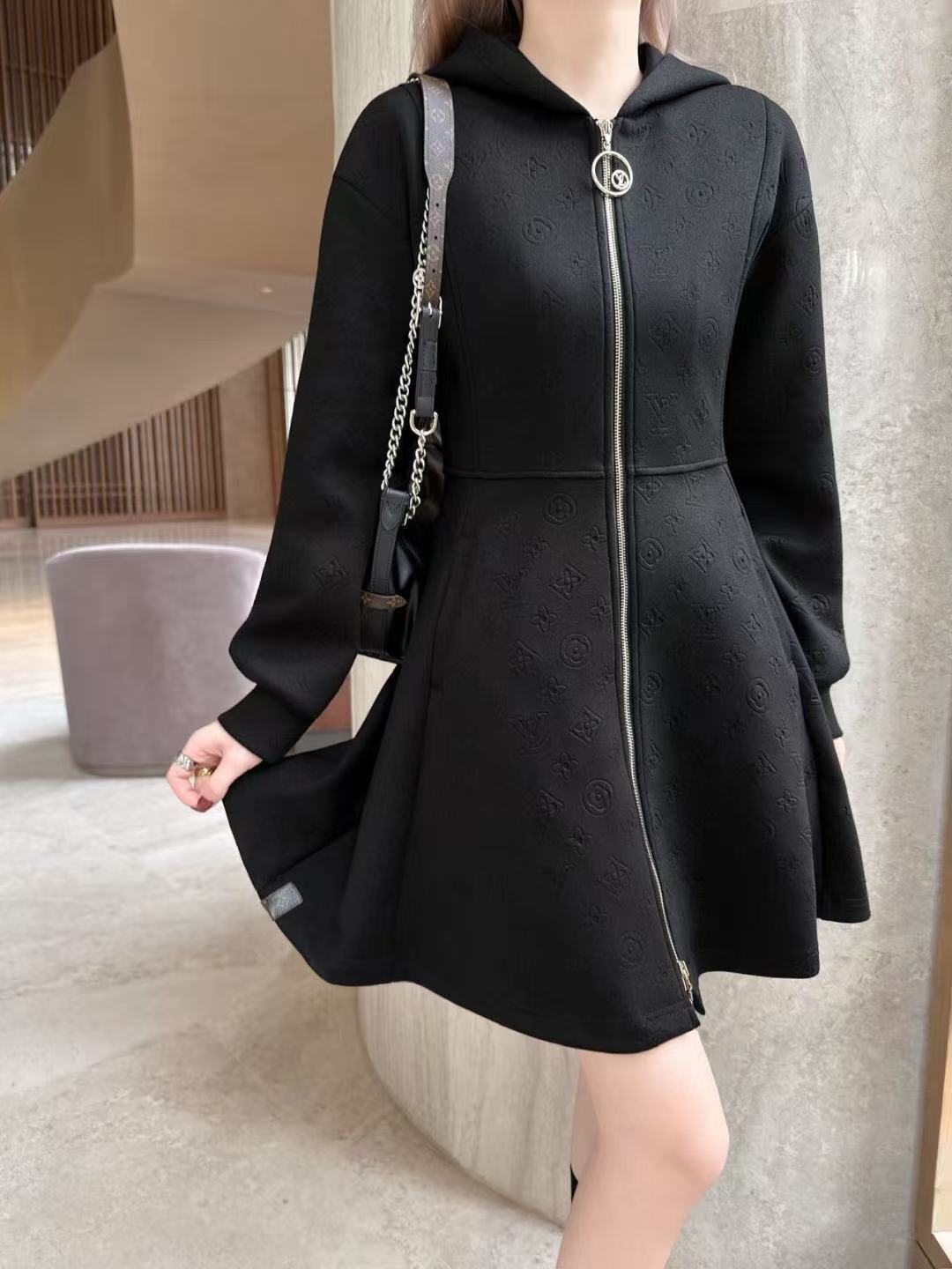 LV フード付き長袖フロントジップドレス【50％割引+送料無料】
