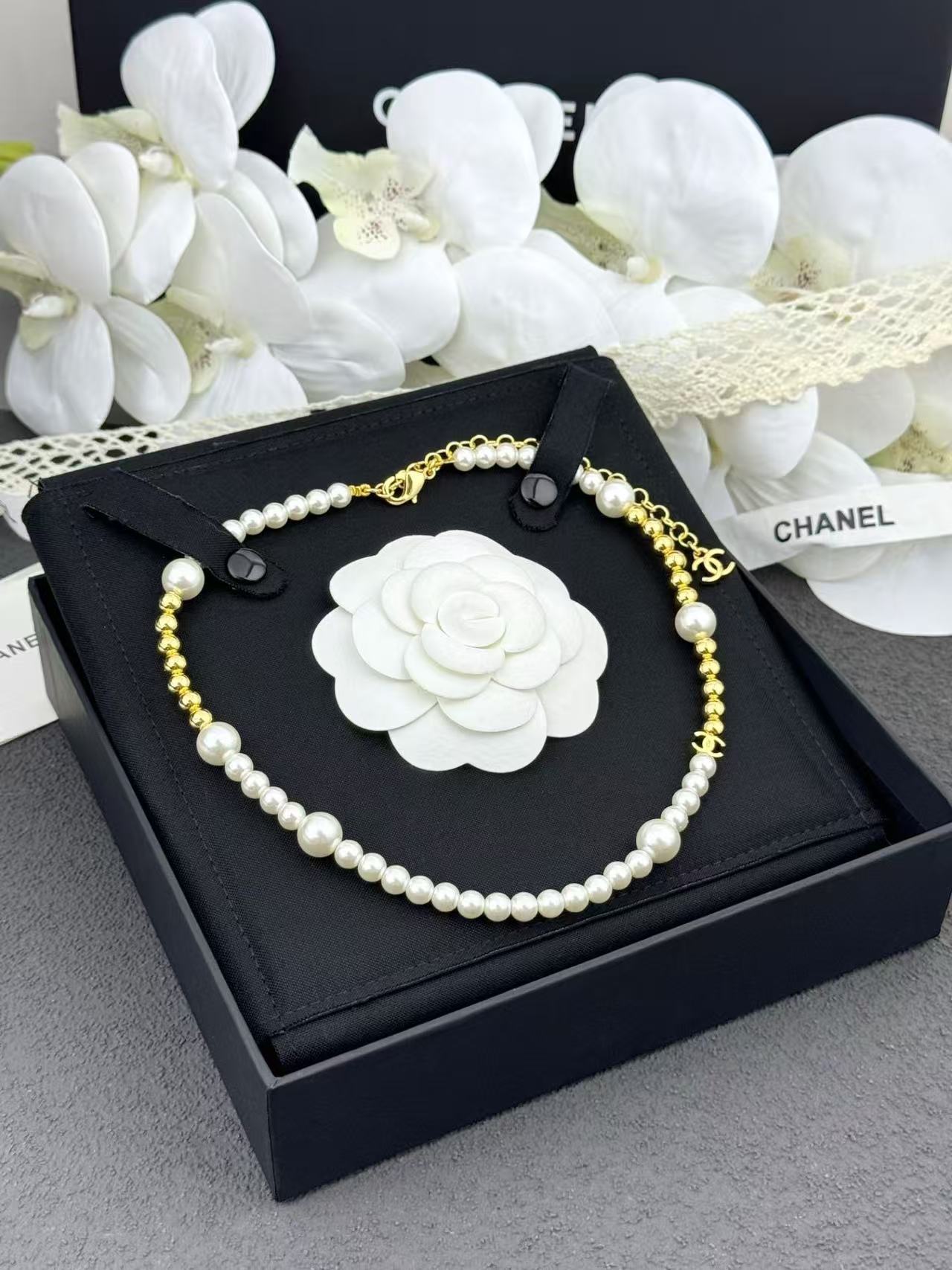 CHANE1 ゴールドパールダブルCネックレス【50％割引+送料無料】