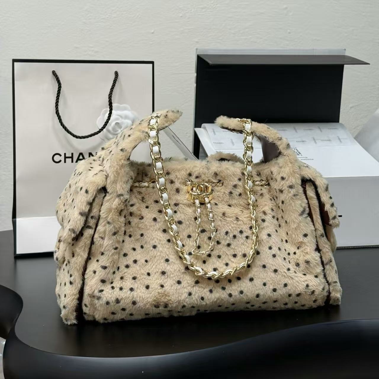 CHANE1 レオパード柄ウールドットチェーンバッグ【50％割引+送料無料】