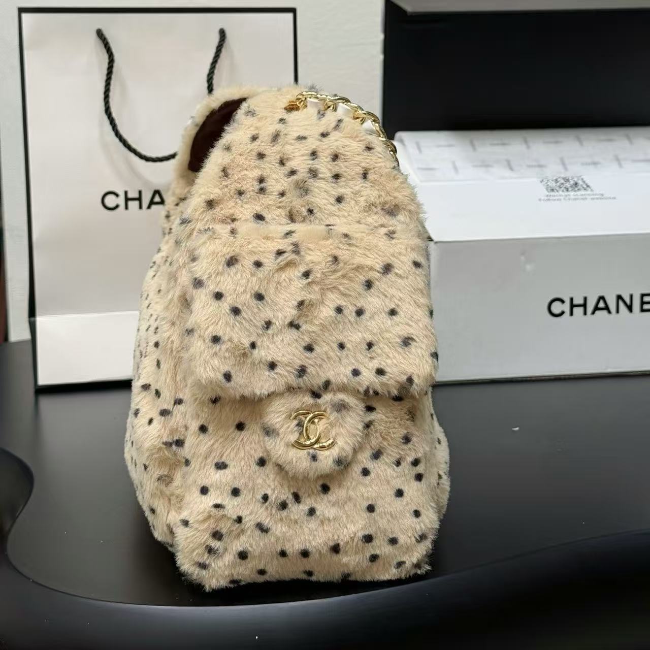 CHANE1 レオパード柄ウールドットチェーンバッグ【50％割引+送料無料】