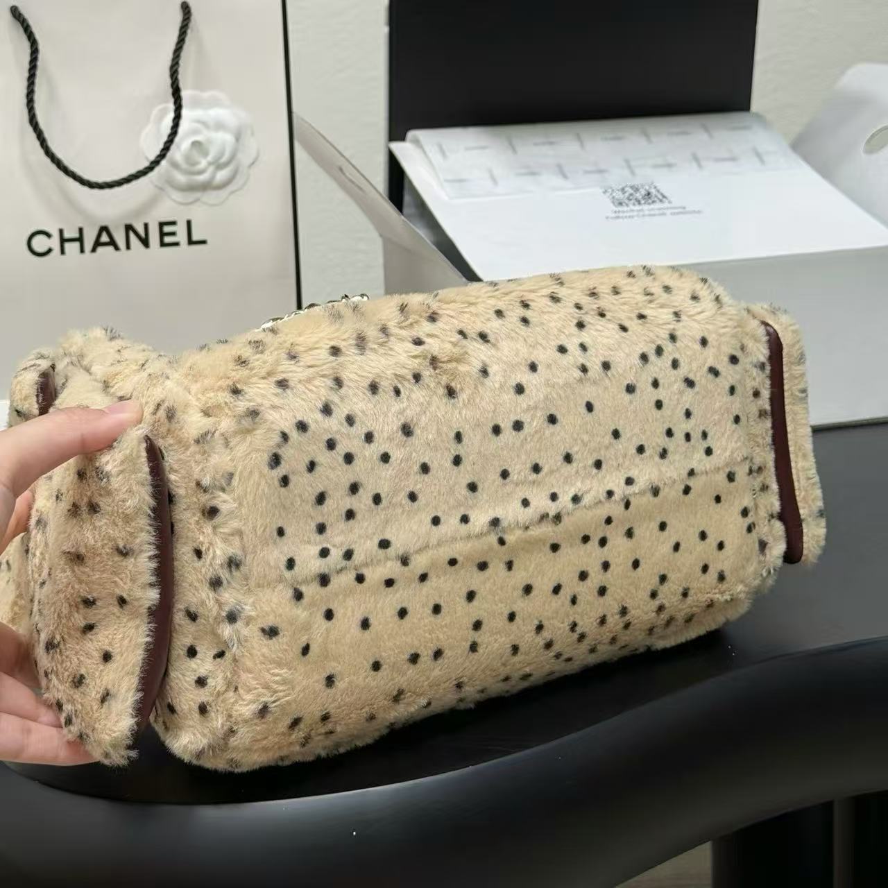 CHANE1 レオパード柄ウールドットチェーンバッグ【50％割引+送料無料】