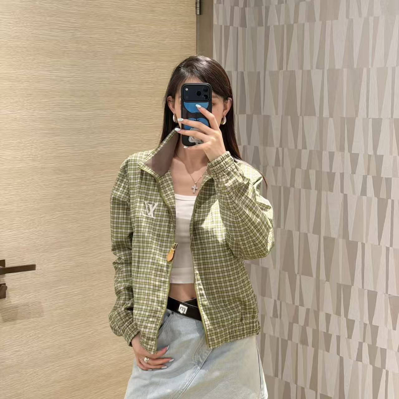 LV チェック柄ジップアップ・ルーズフィットアウター【50％割引+送料無料】